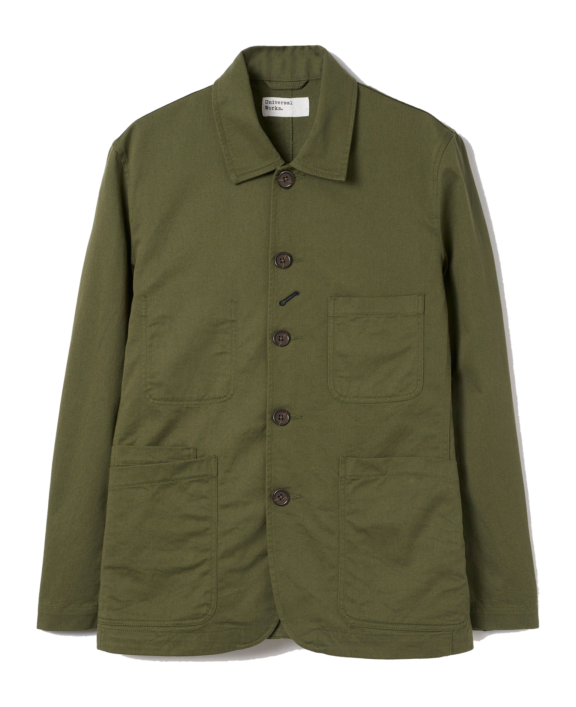 Chaqueta UNIVERSAL WORKS Bakers Twill Light Olive — vista frontal, fotografía original sin fondo