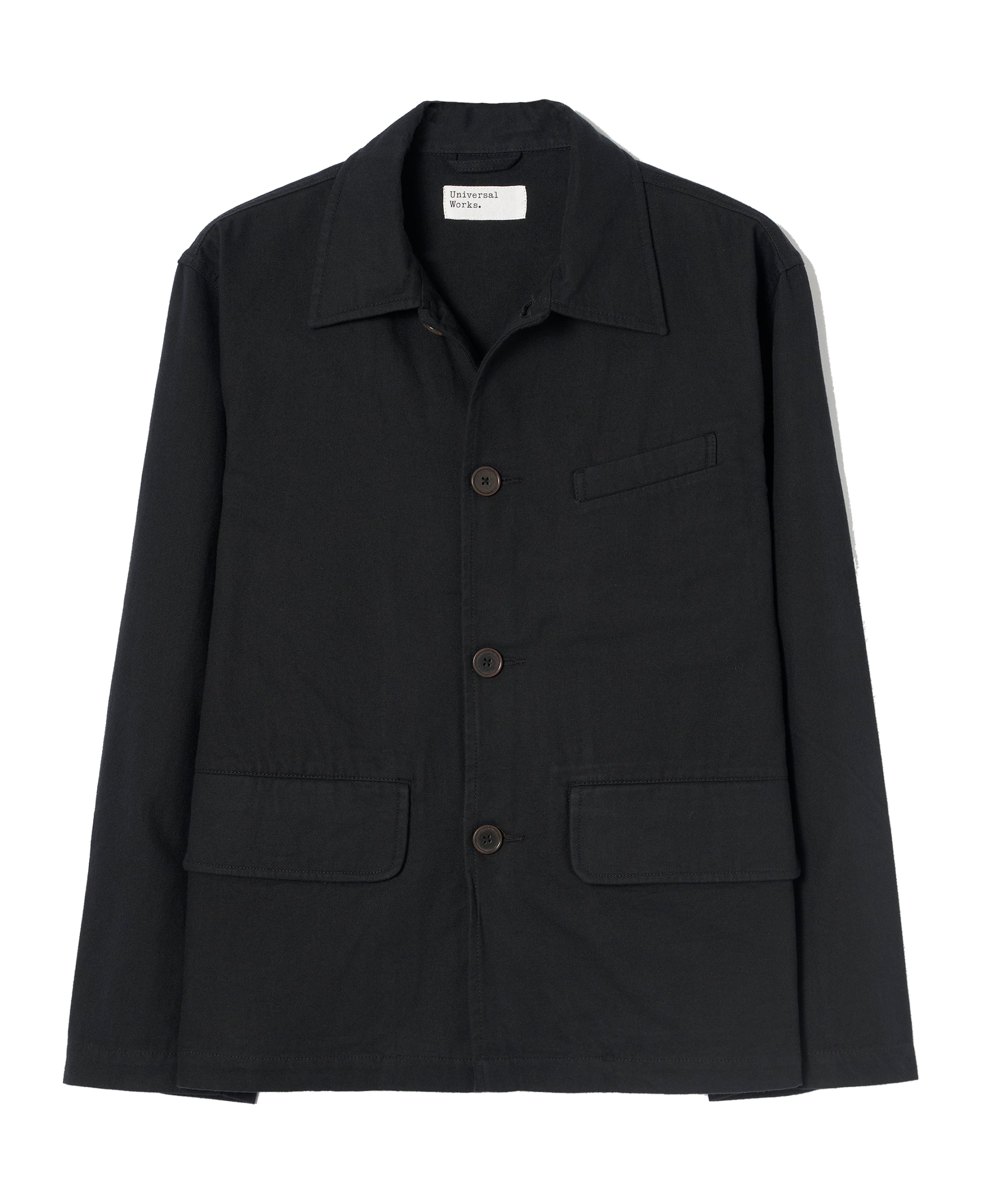 Chaqueta UNIVERSAL WORKS Franck Brushed Moleskin Black — vista frontal, fotografía original sin fondo