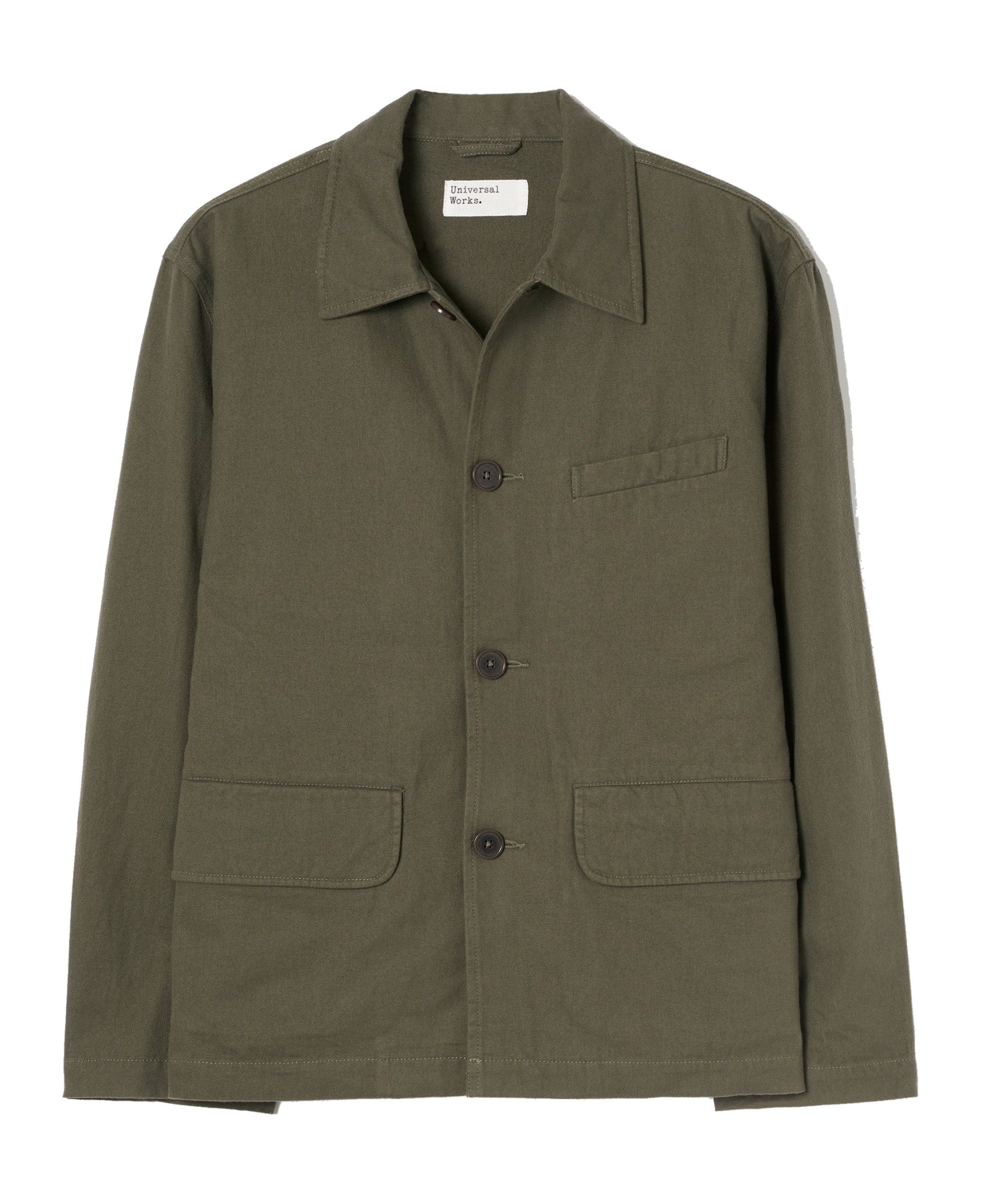 Chaqueta UNIVERSAL WORKS Franck Brushed Moleskin Olive — vista frontal, fotografía original sin fondo