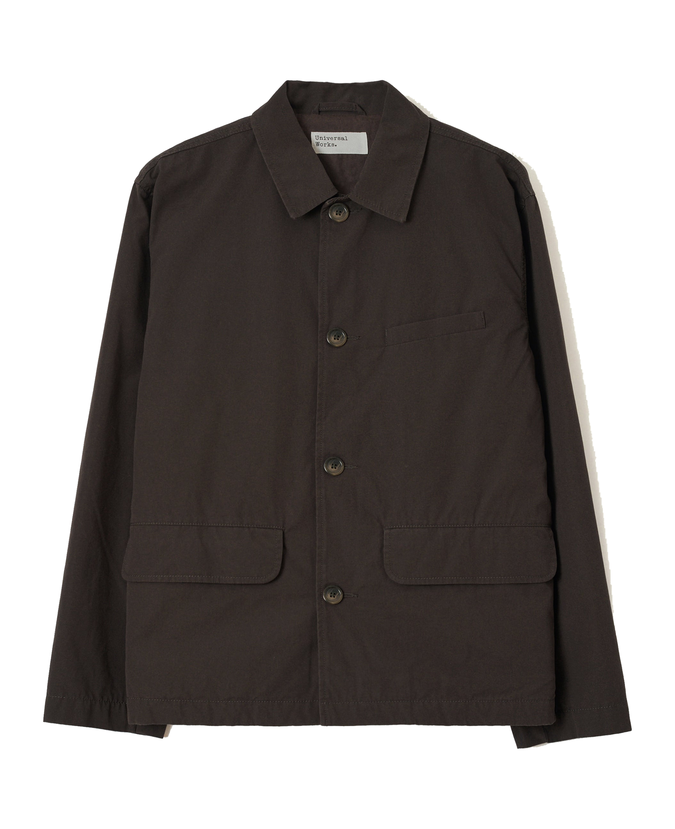 Chaqueta UNIVERSAL WORKS Micro Canvas Warmus Jacket Brown — vista frontal, fotografía original sin fondo
