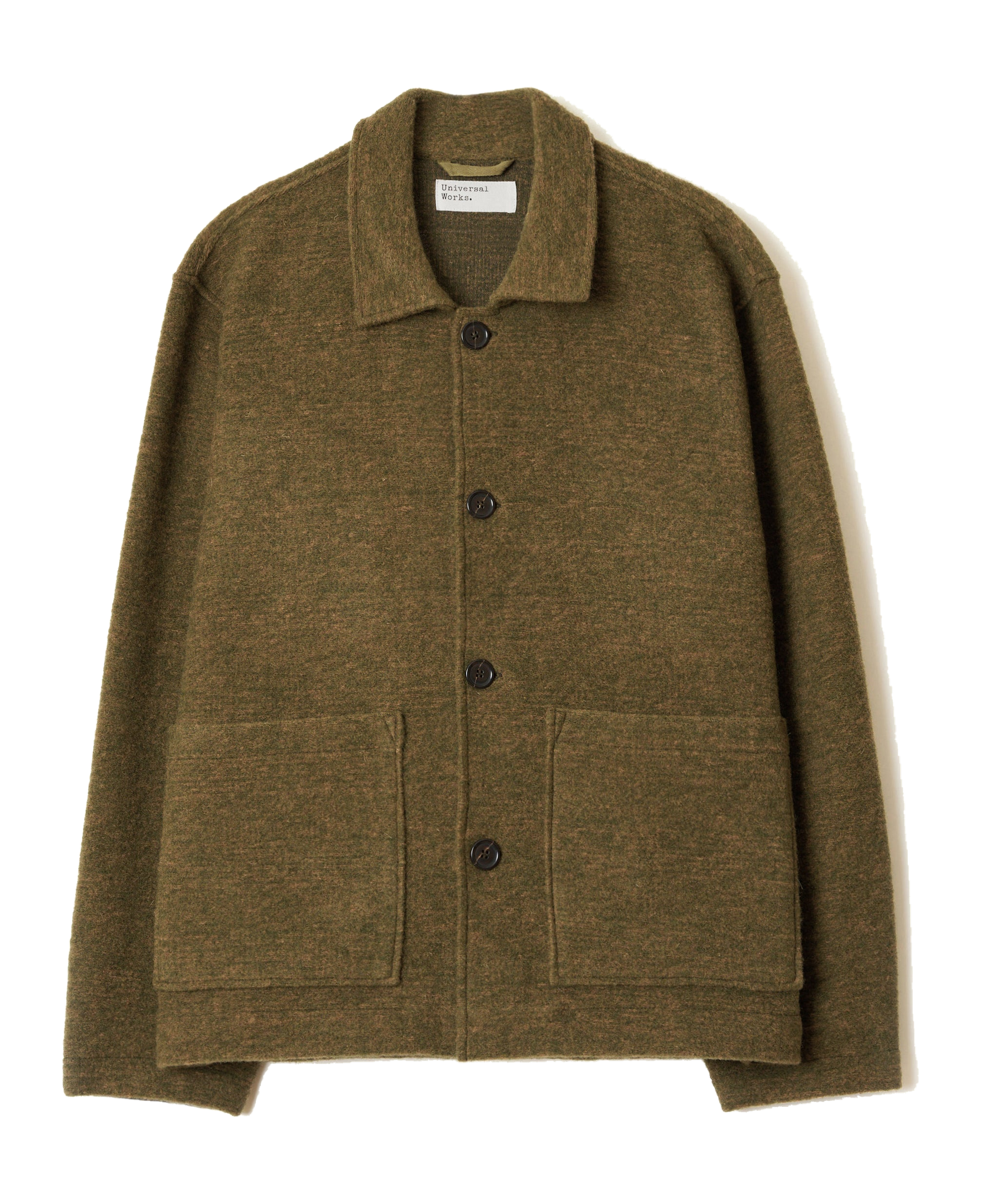 Chaqueta UNIVERSAL WORKS Wool Mix Knit Rams Jacket Olive — vista frontal, fotografía original sin fondo