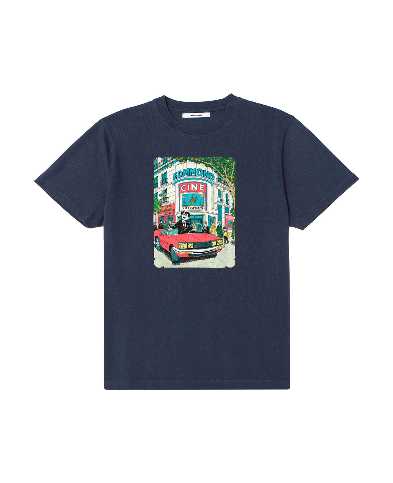 Camiseta Edmmond Studios Retrospectiva azul marino con ilustración frontal