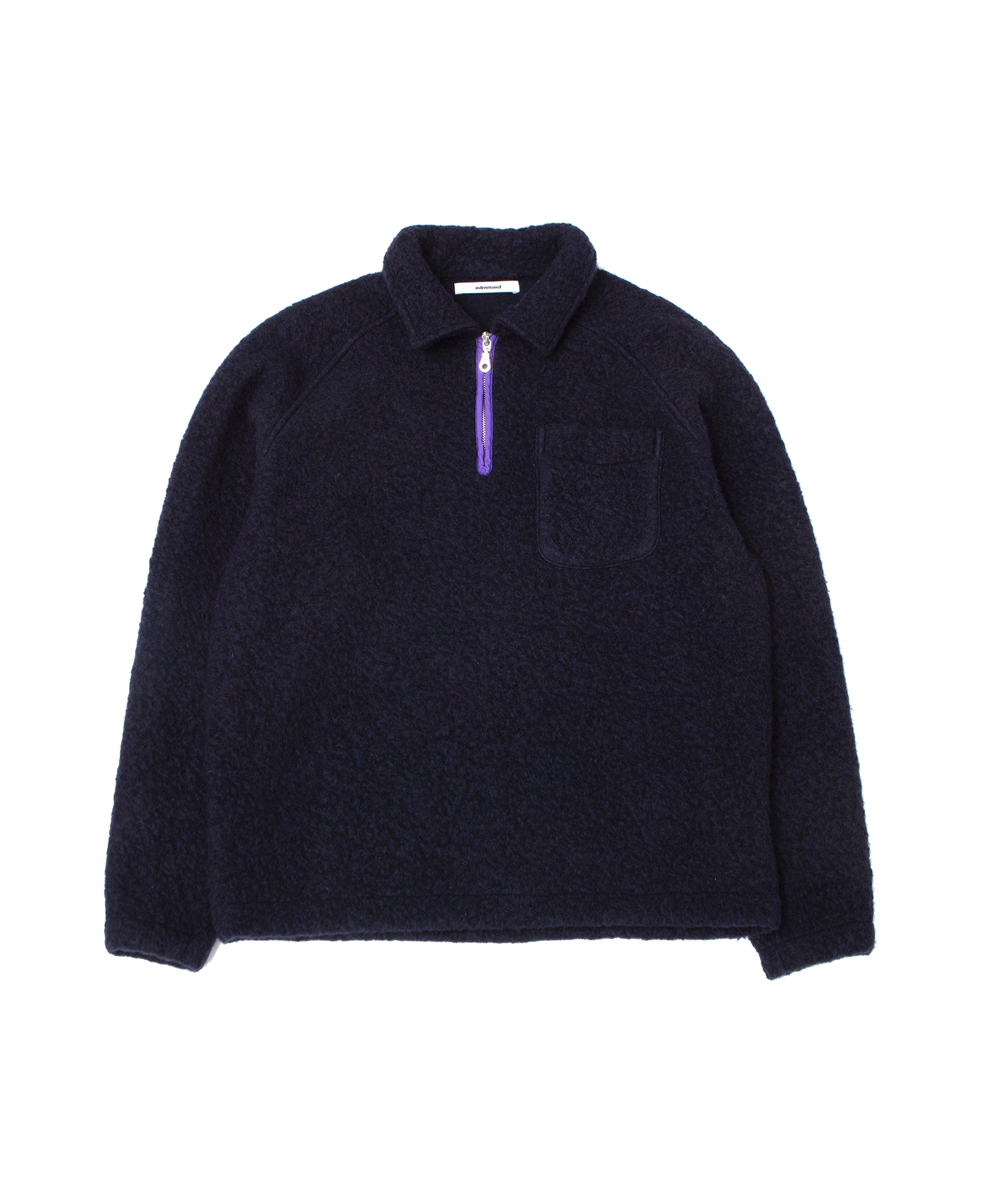 Sudadera polar Edmmond Studios Unconventional Zip Logo azul marino, vista frontal con media cremallera morada