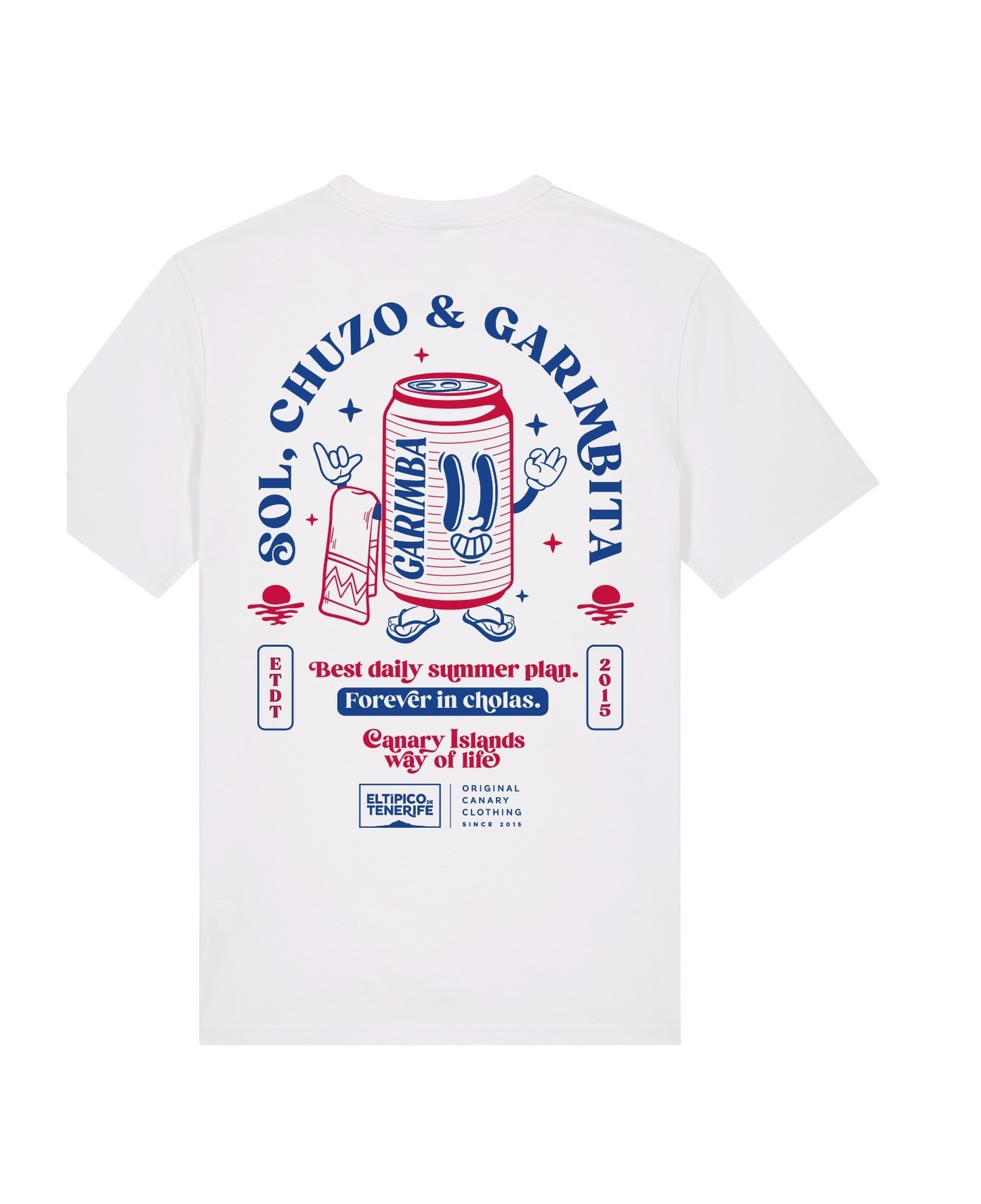 Camiseta El Típico de Tenerife Sol Chuzo y Garimbita blanca, vista trasera