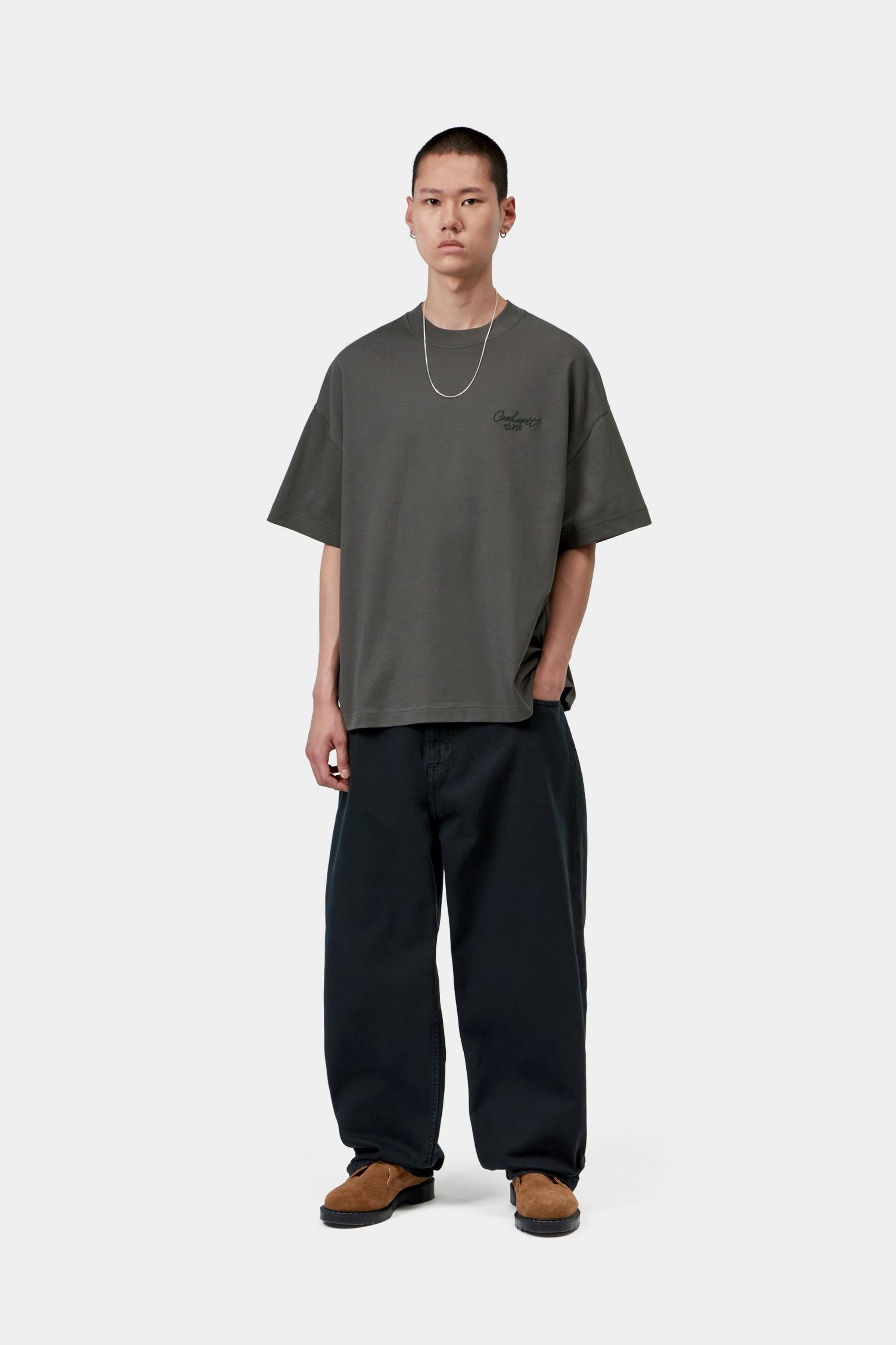 Camiseta CARHARTT WIP S/S Signature Script Graphite Dark Scarab look completo