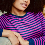 Jersey Sugarhill Rowena Navy Pink Sparkle Stripes - ECRU
