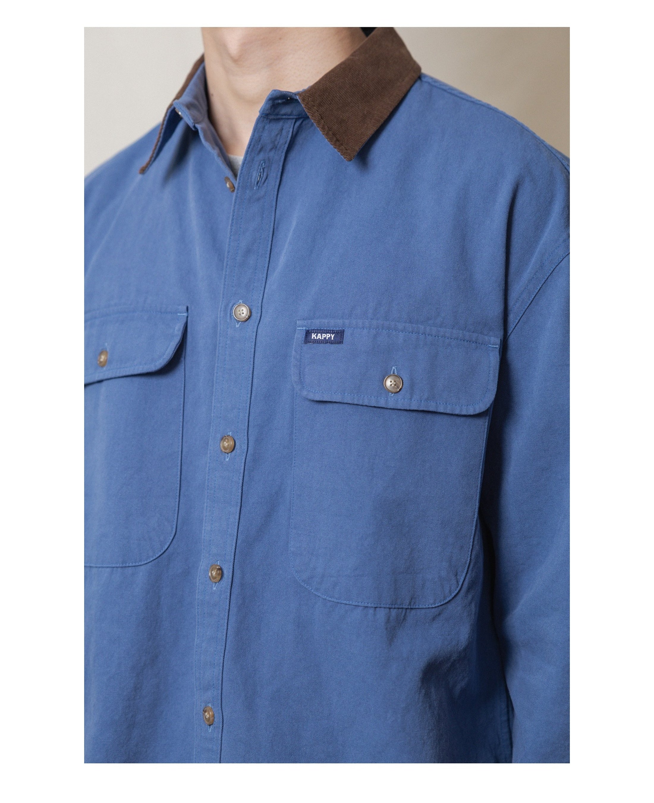 Chaqueta KAPPY Canvas Work Shirt Jacket Blue, detalle de cuello y bolsillos