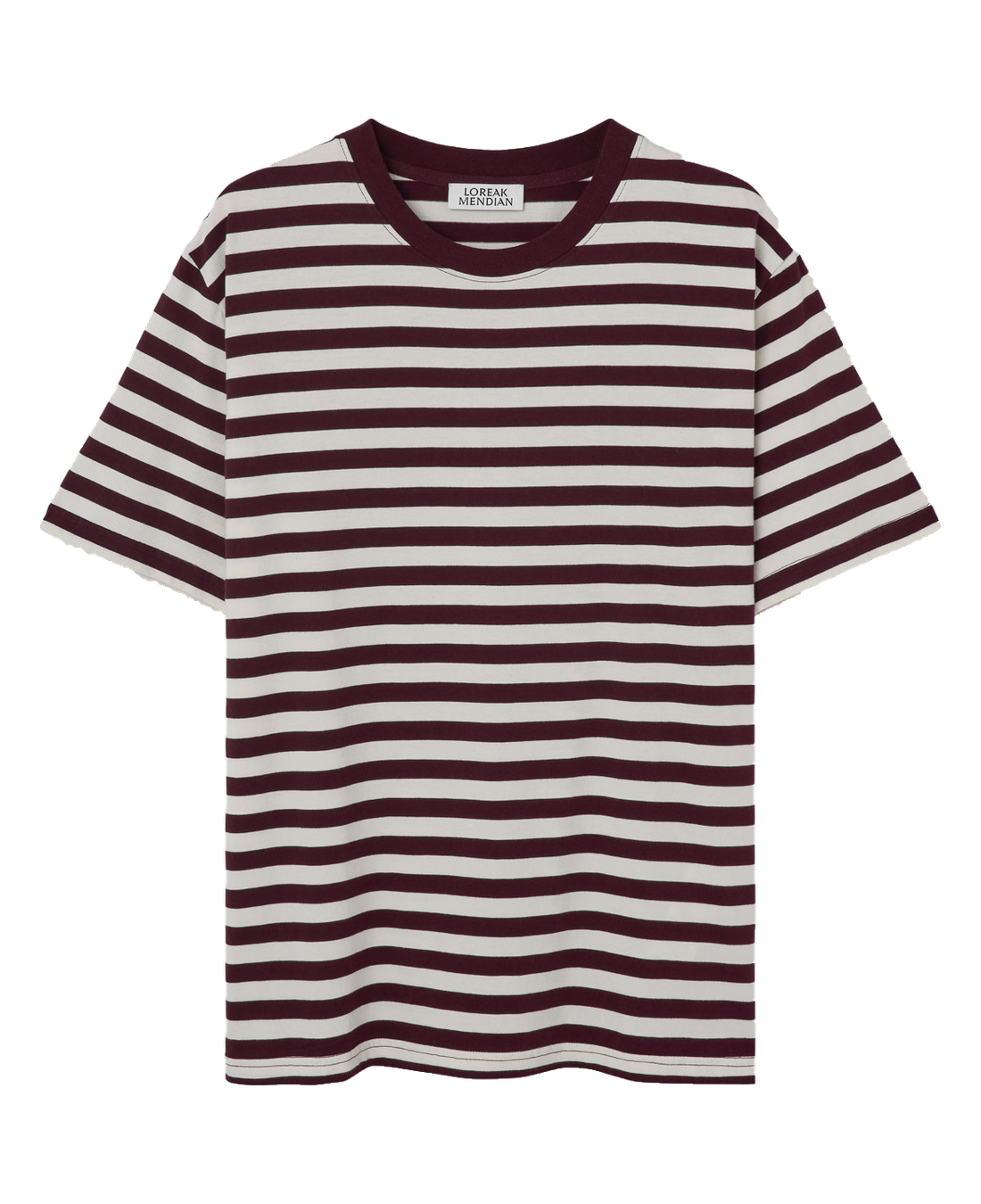 Camiseta Loreak Mendian LM Stripe Burgundy, vista frontal a rayas burdeos y crudas