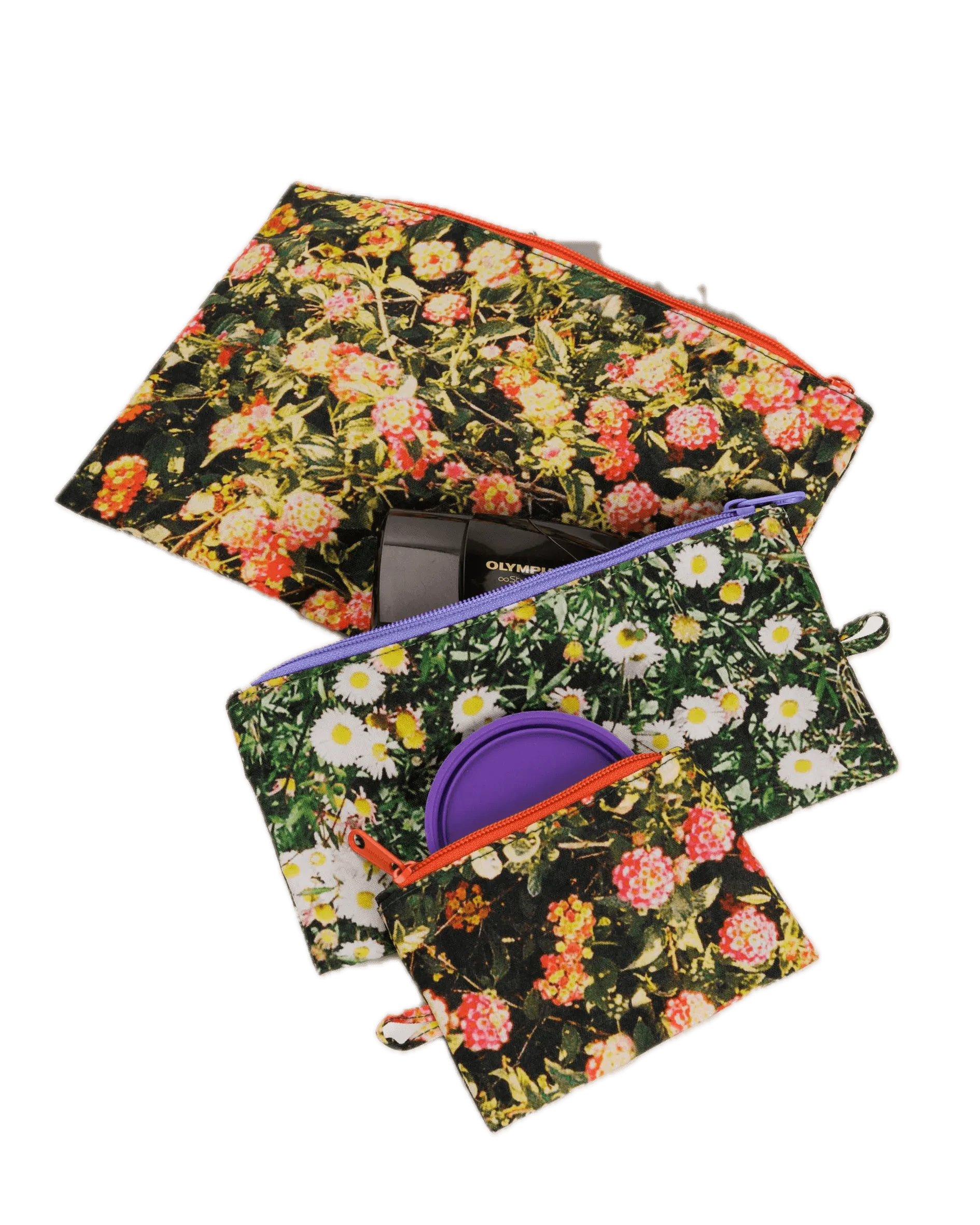 Pack de 3 Neceseres Baggu Flat Pouch Set Photo Florals - ECRU