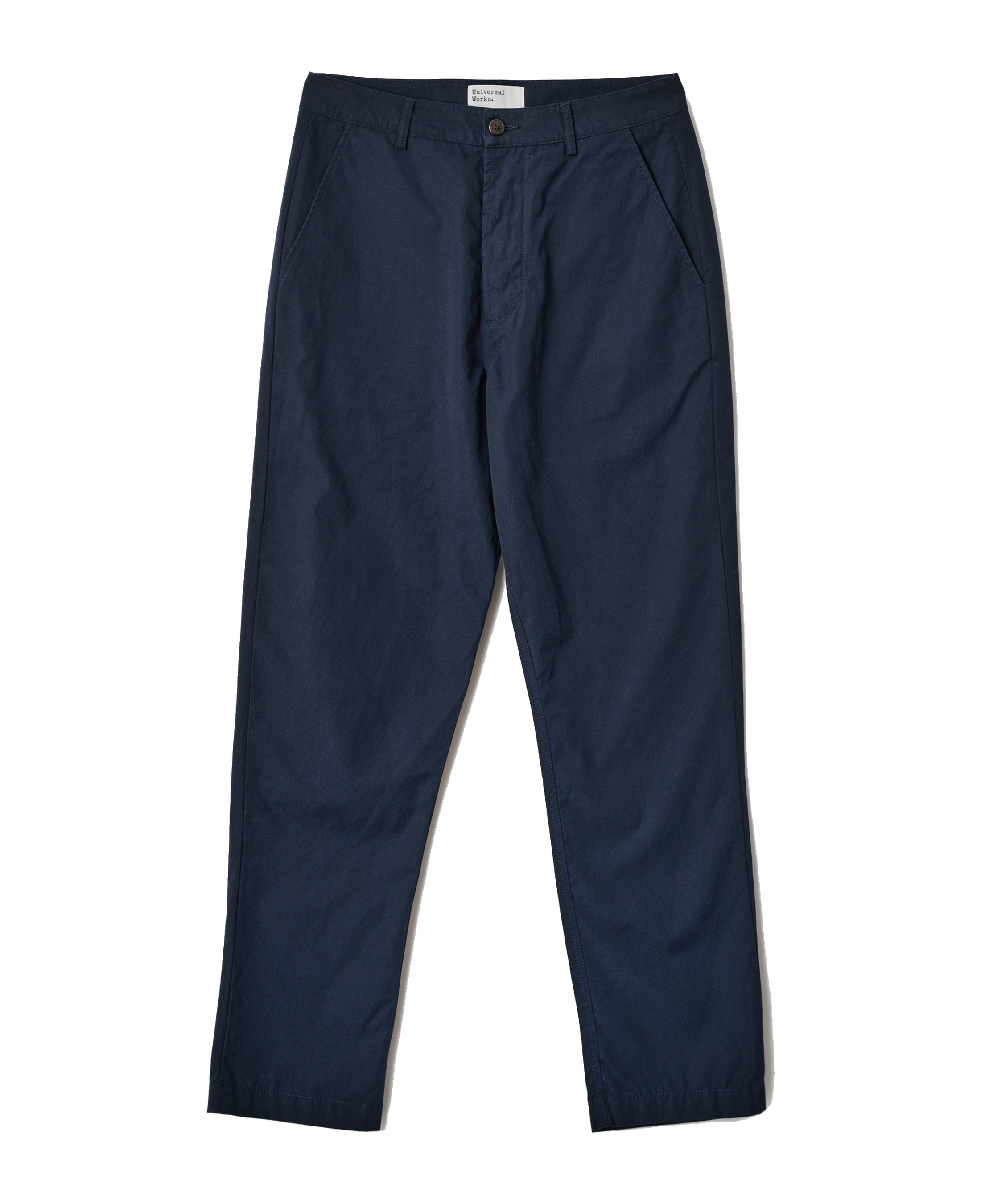 Pantalón UNIVERSAL WORKS Micro Canvas Military Chino Navy — vista frontal, fotografía original sin fondo