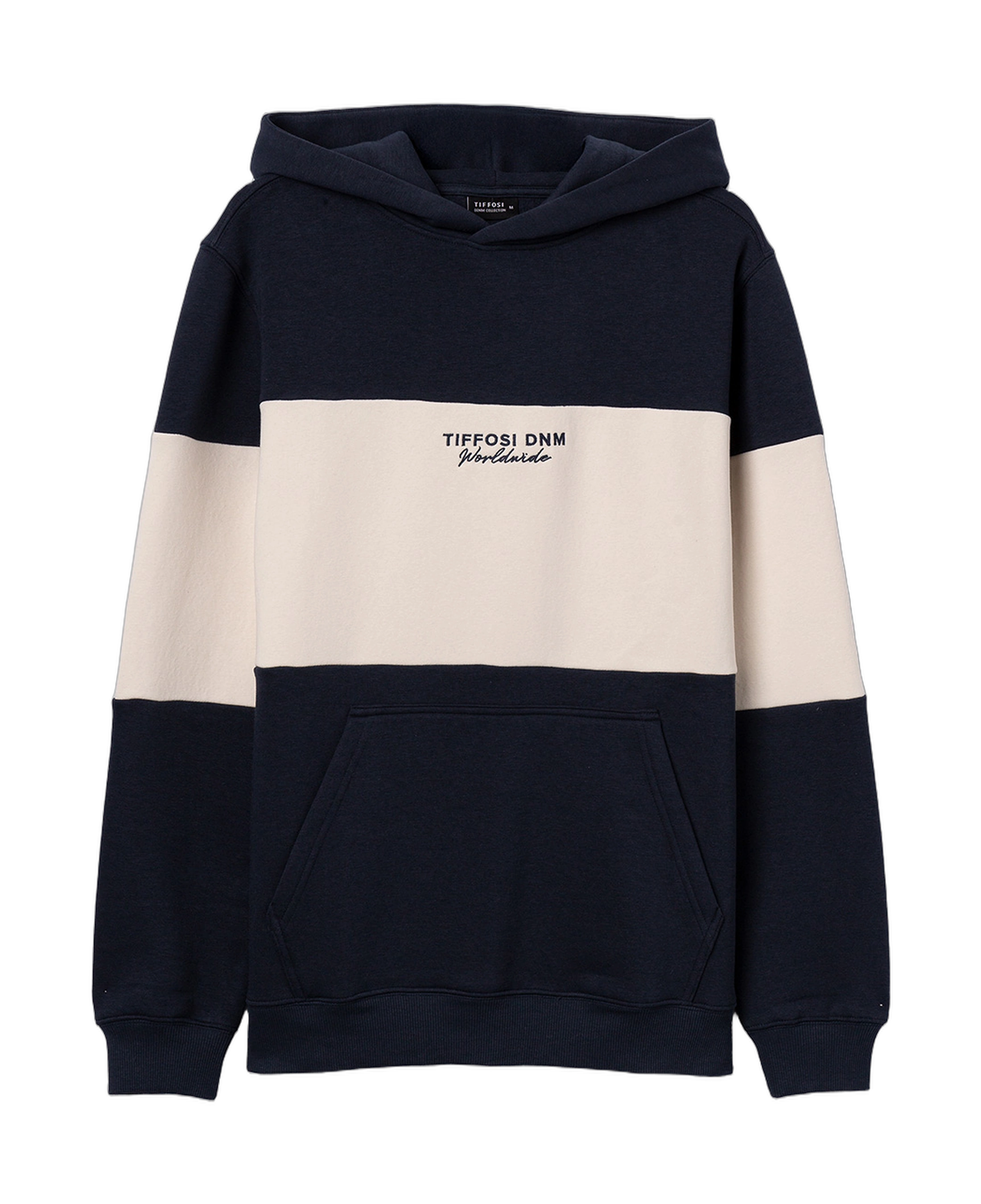 Sudadera con capucha TIFFOSI Finley azul marino y crudo — flat frontal con fondo transparente