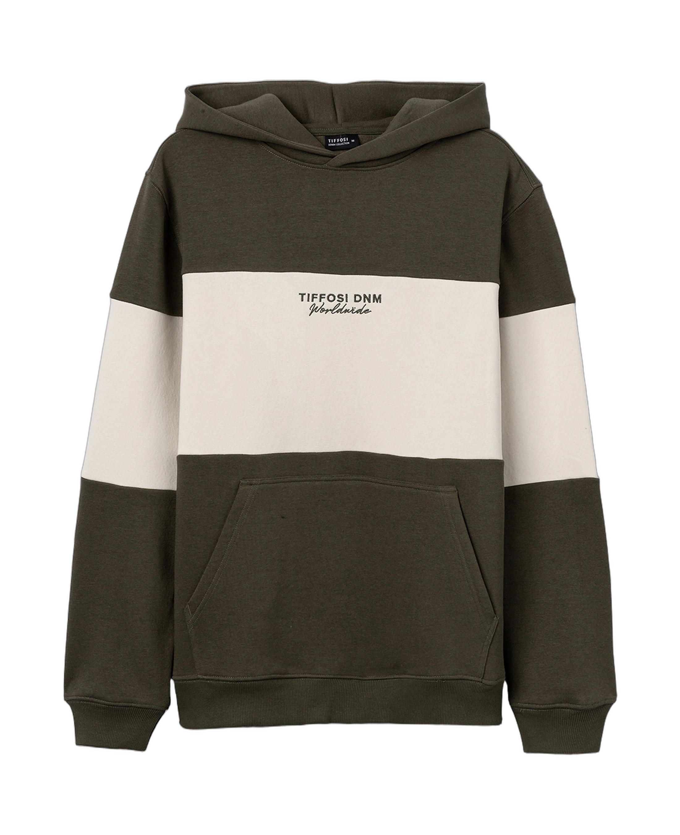 Sudadera con capucha TIFFOSI Finley verde y crudo — flat frontal con fondo transparente