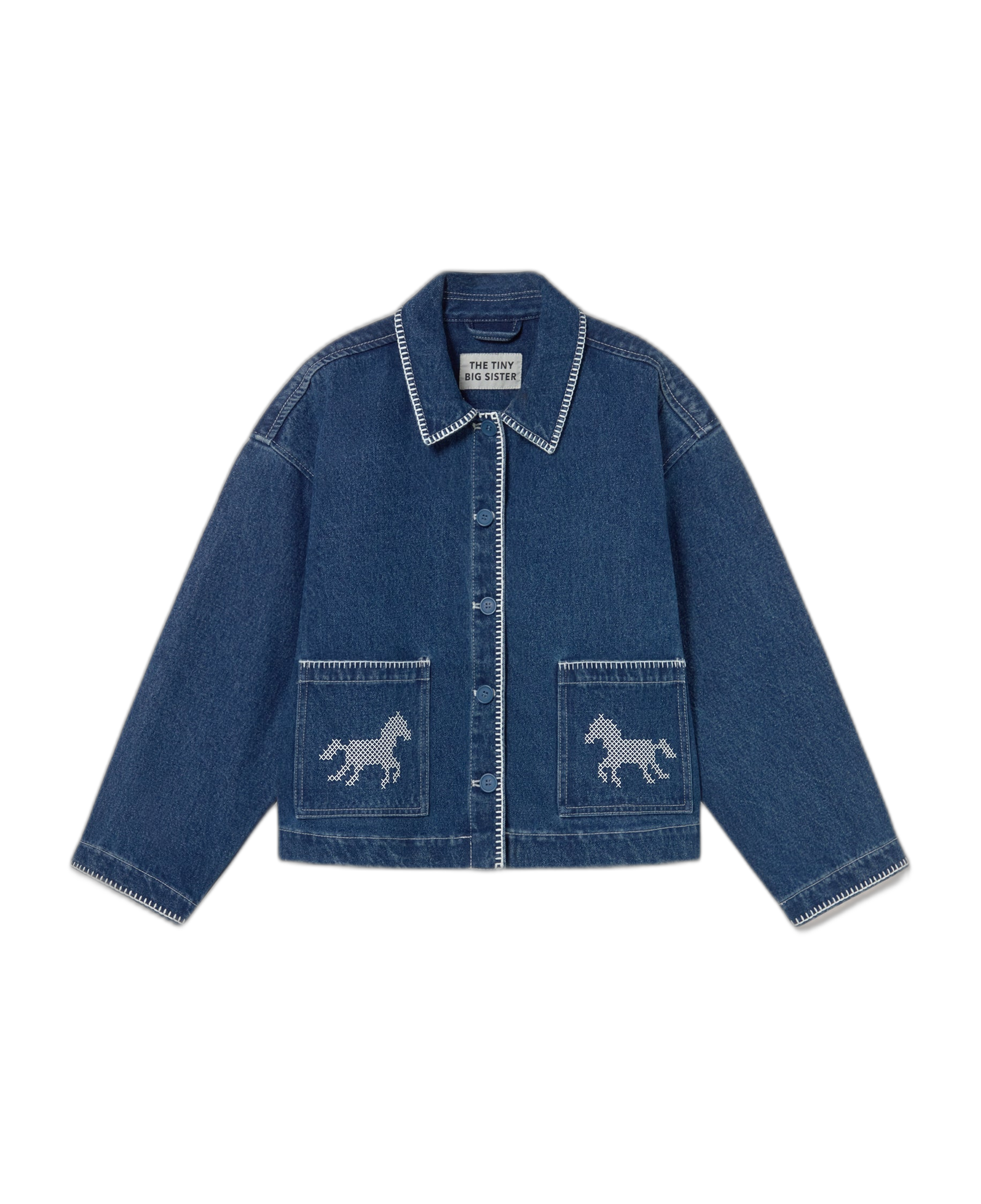 Chaqueta Vaquera The Tiny Big Sister Horses Denim Lavado Medio — flat frontal con fondo transparente