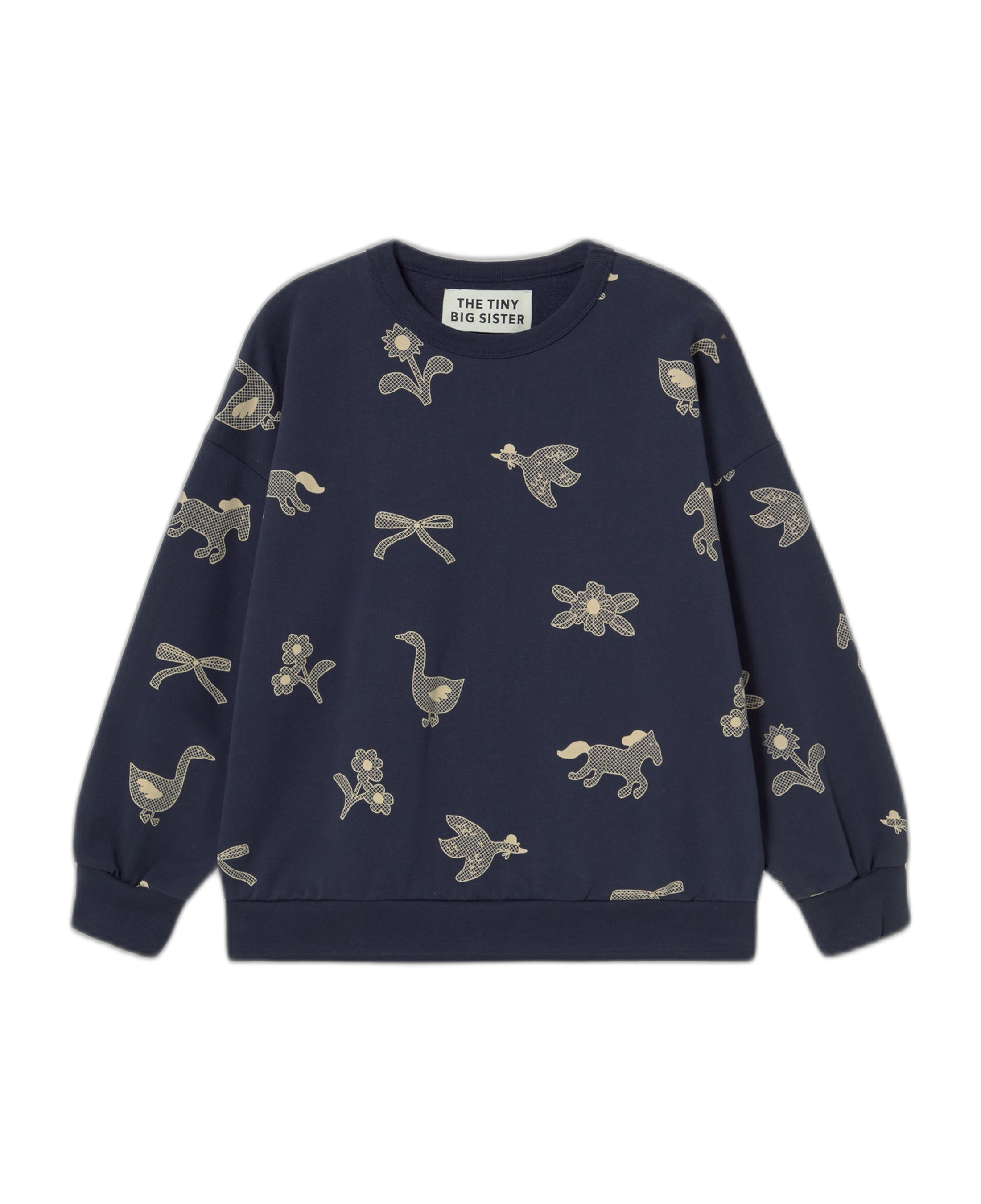 Sudadera The Tiny Big Sister Patches Azul Marino — flat frontal con fondo transparente