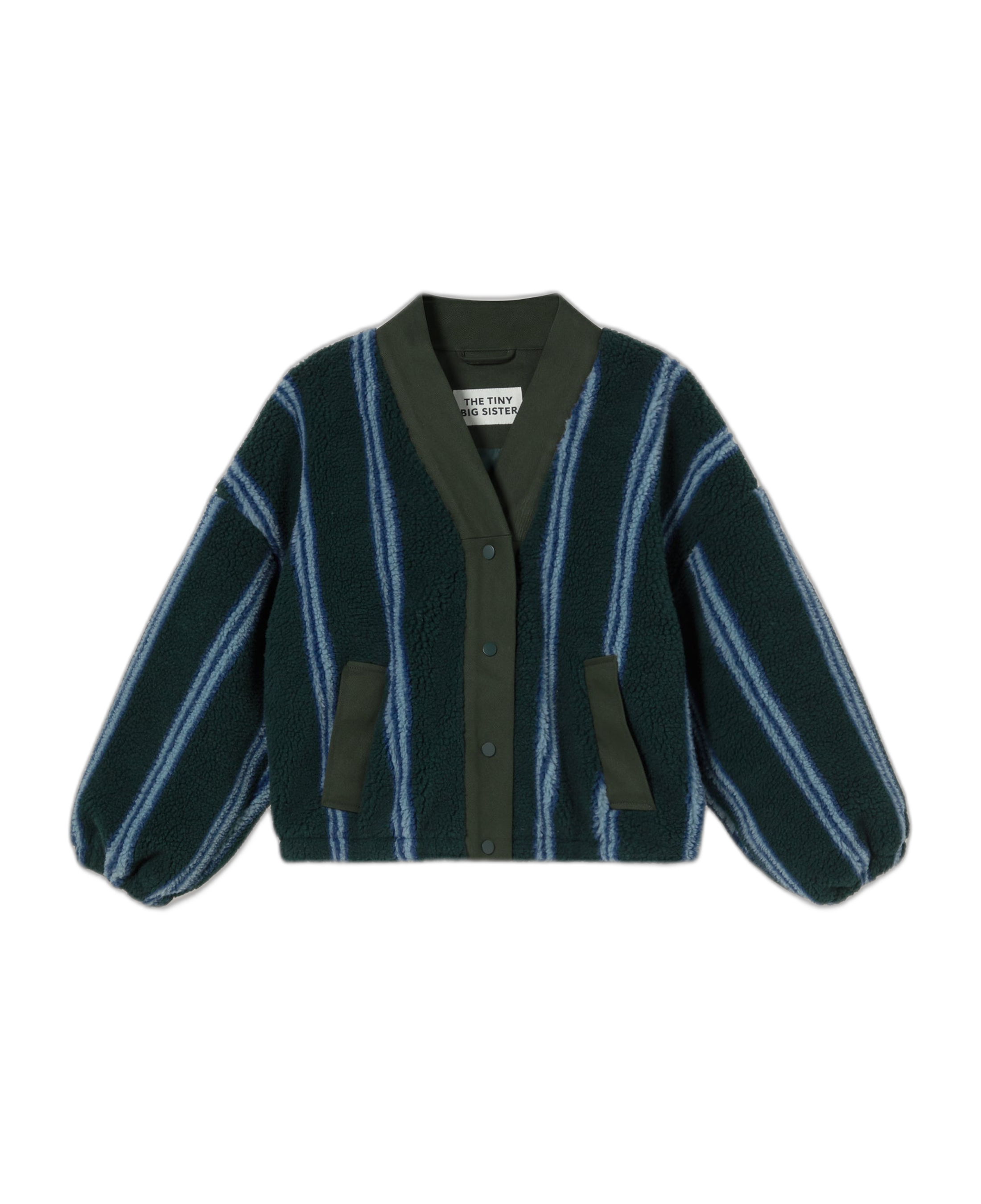 Chaqueta The Tiny Big Sister V Neck Stripes Sherpa Azul Tinta — flat frontal con fondo transparente