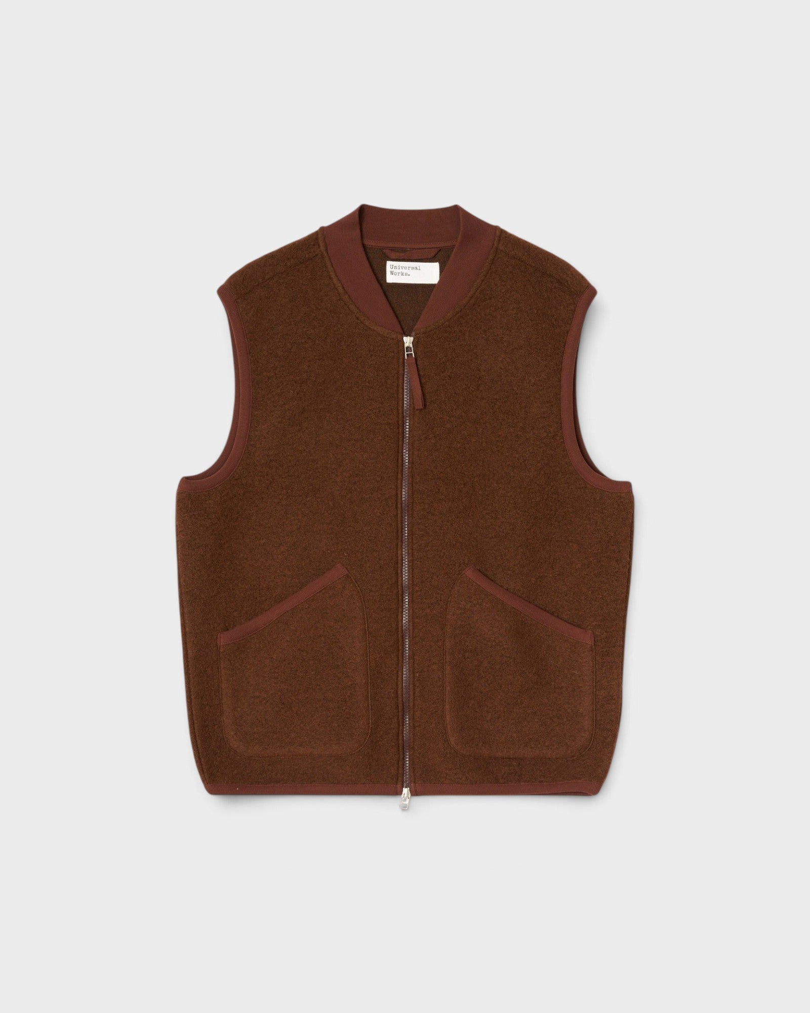 UNIVERSAL WORKS Zip Waistcoat Wool Fleece Cacao - vista frontal