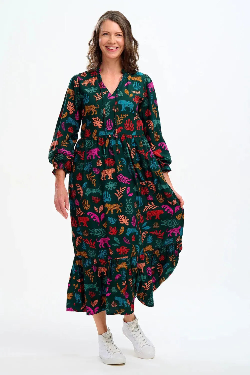 Vestido Sugarhill Annalise Midi Smock Dark Green Tiger Cutouts - ECRU