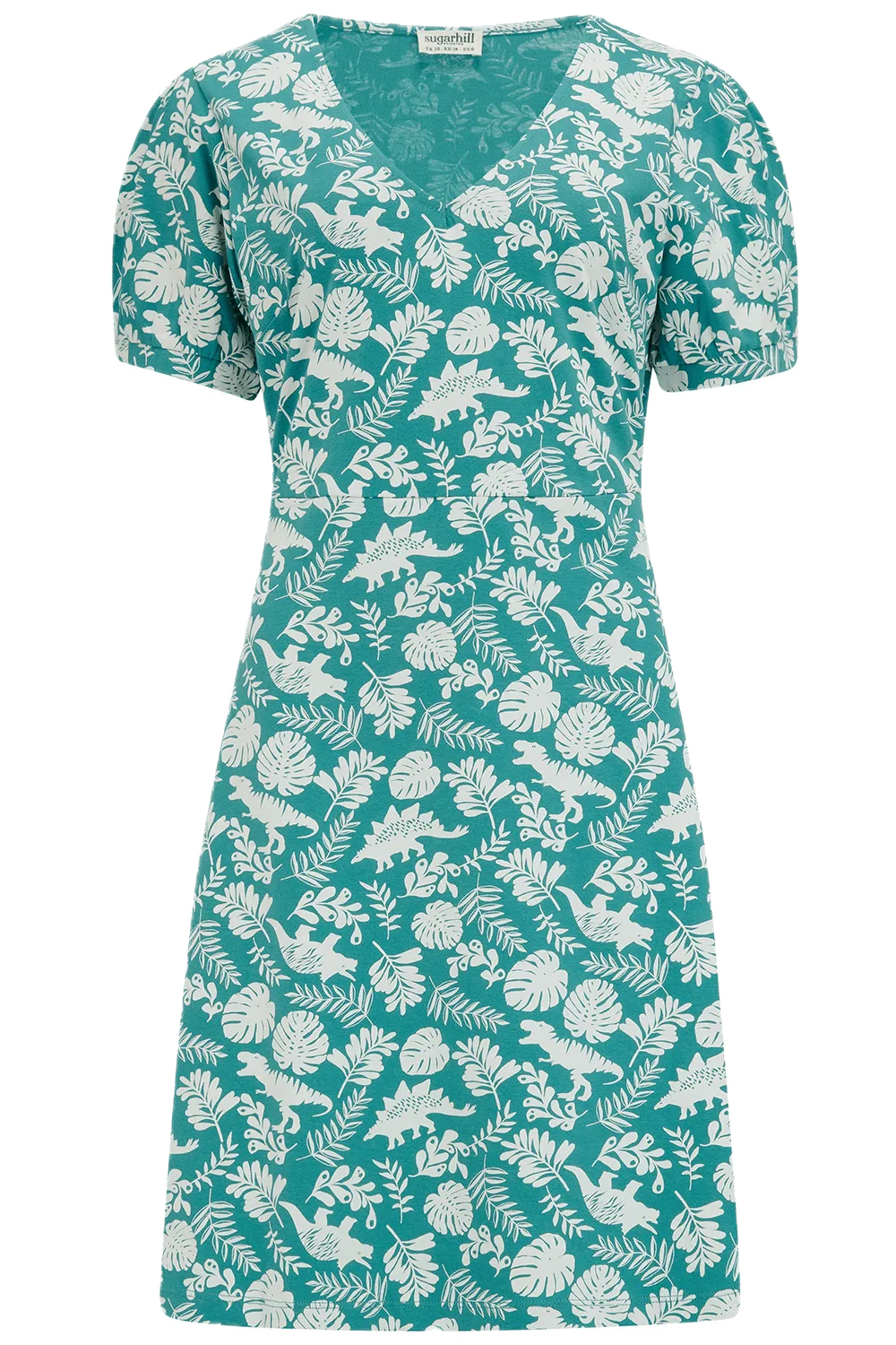 Vestido Sugarhill Annette de Punto con Cuello Pico Teal Dinosaur Stamp - ECRU