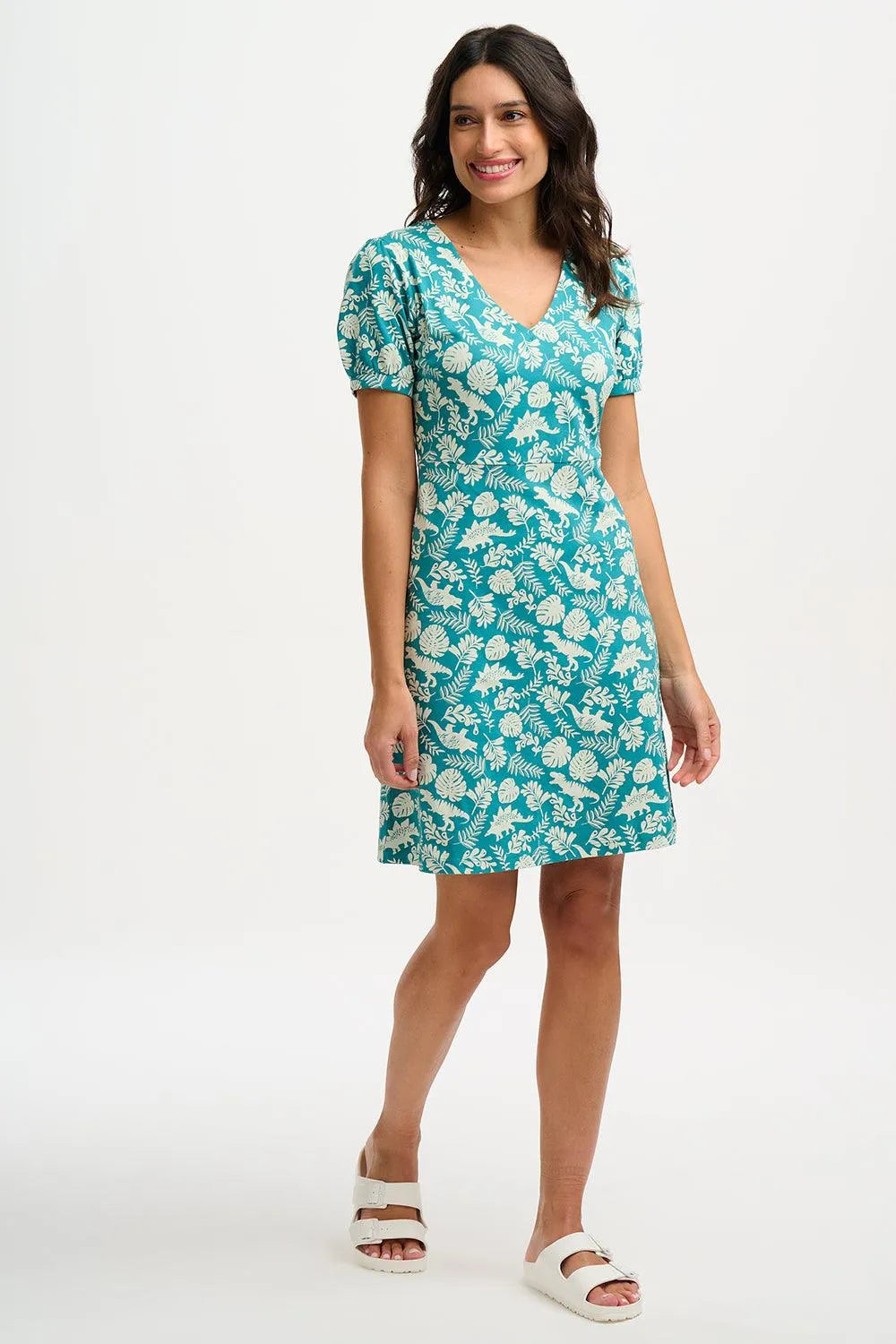 Vestido Sugarhill Annette de Punto con Cuello Pico Teal Dinosaur Stamp - ECRU