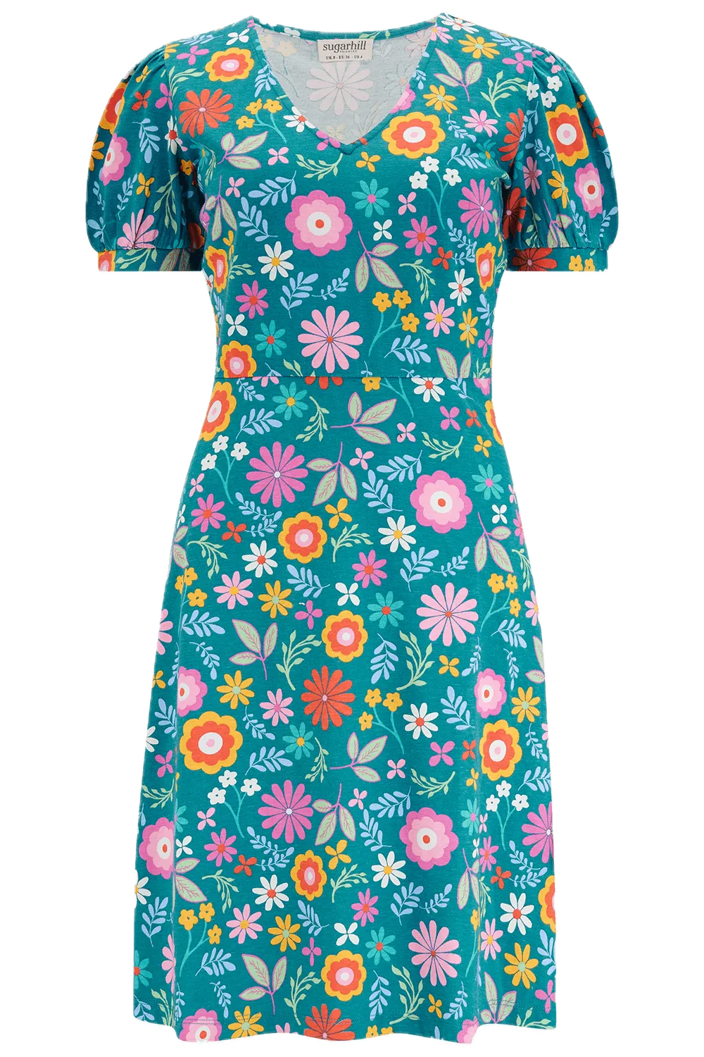Vestido Sugarhill Annette de Punto con Cuello Pico Teal Folk Floral - ECRU