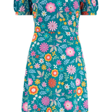Vestido Sugarhill Annette de Punto con Cuello Pico Teal Folk Floral - ECRU