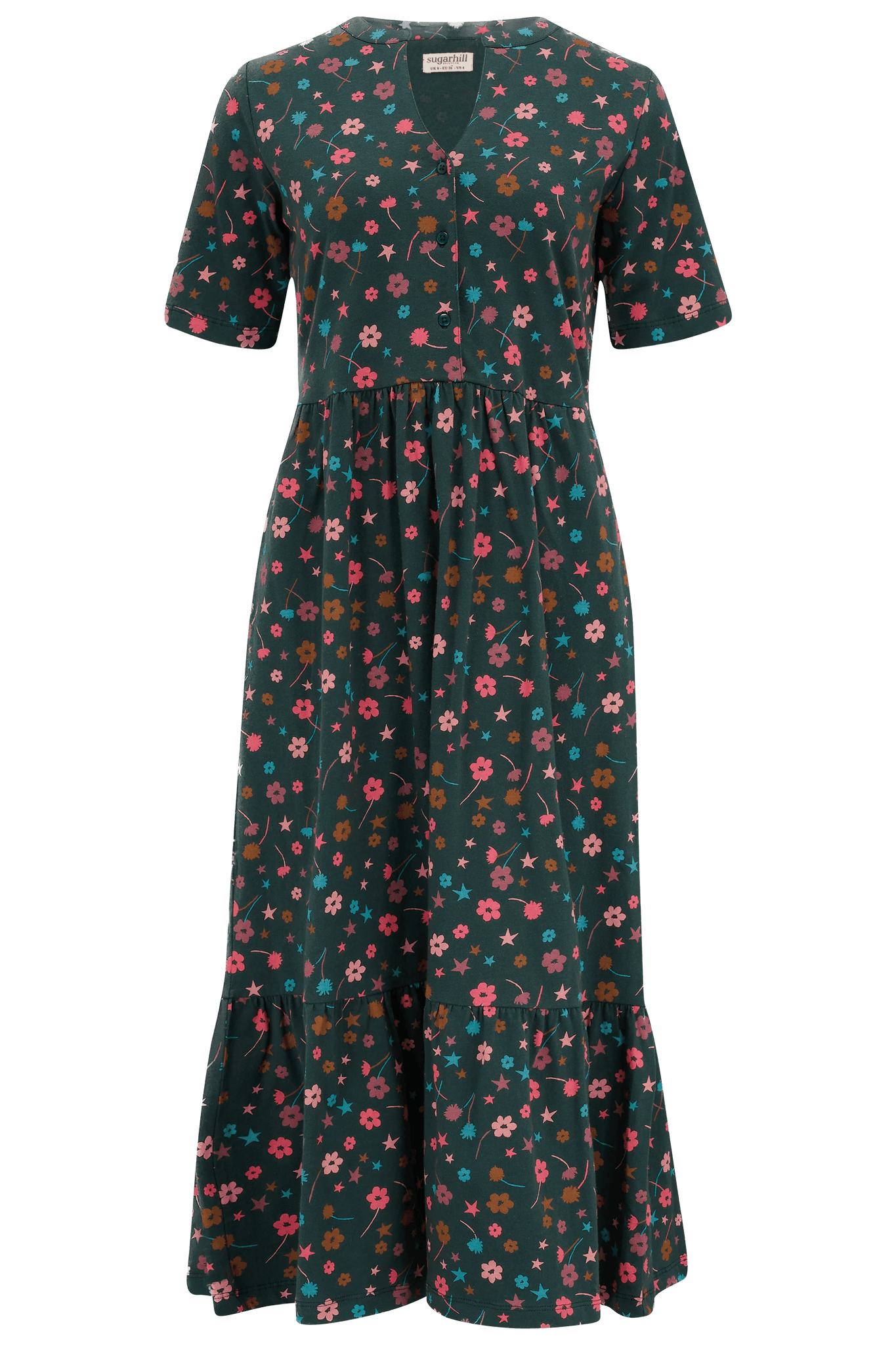 Vestido Sugarhill de Algodón Orgánico Heather Midi Smock Dark Green Forest Floral - ECRU