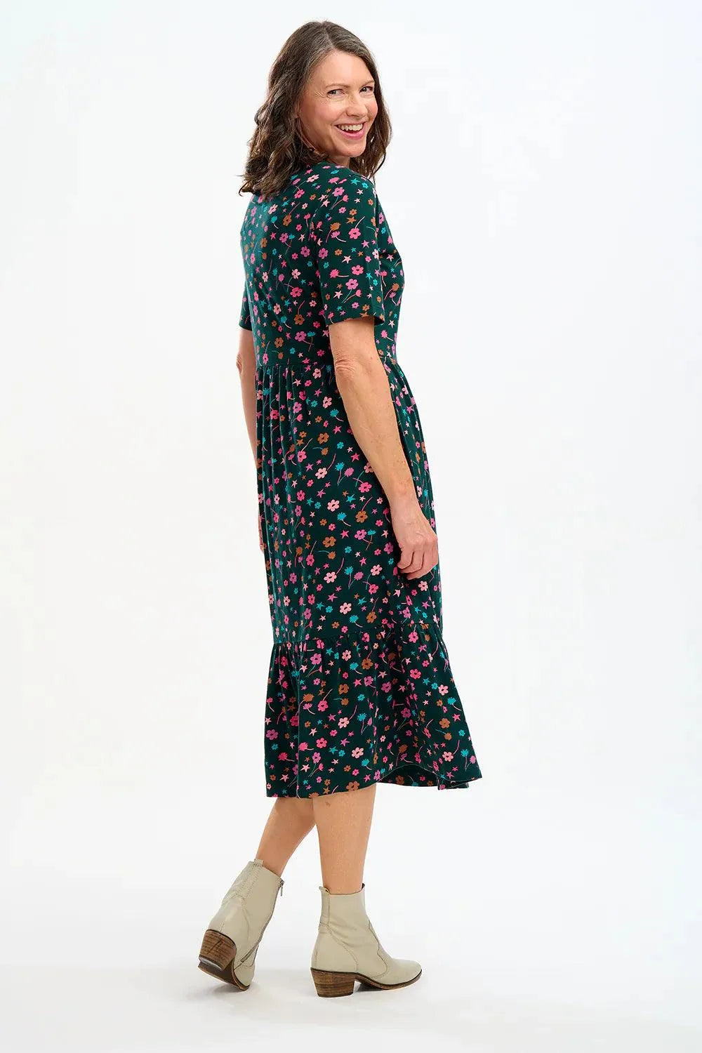 Vestido Sugarhill de Algodón Orgánico Heather Midi Smock Dark Green Forest Floral - ECRU