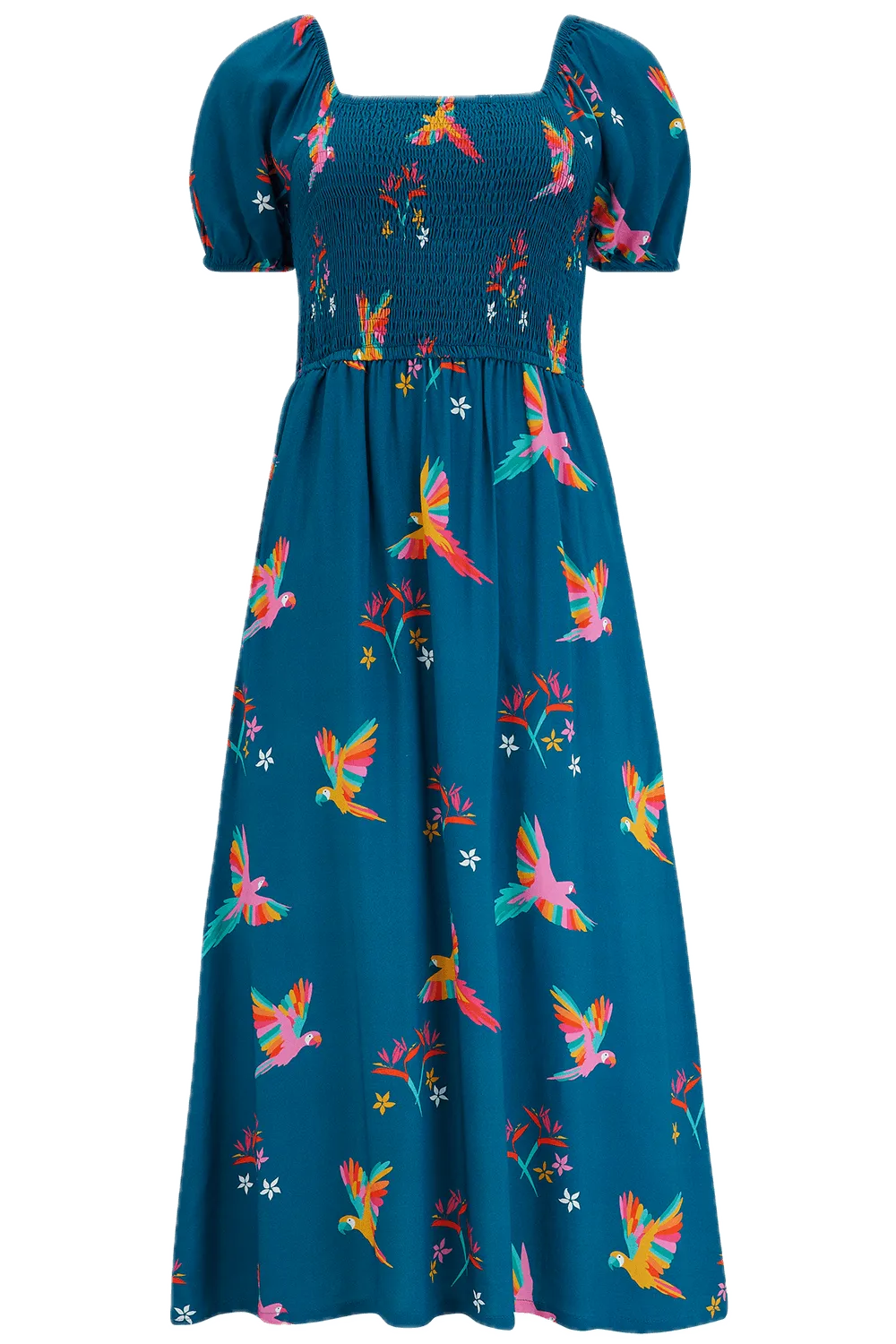 Vestido Sugarhill Jolene Midi Shirred Teal Rainbow Parrots - ECRU