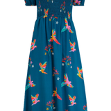 Vestido Sugarhill Jolene Midi Shirred Teal Rainbow Parrots - ECRU