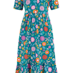 Vestido Sugarhill Midi Smock Teal Folk Floral - ECRU