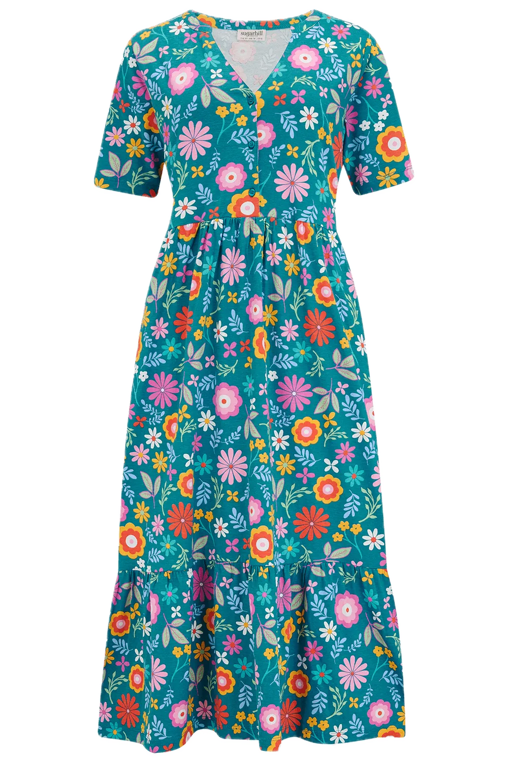 Vestido Sugarhill Midi Smock Teal Folk Floral - ECRU