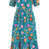 Vestido Sugarhill Midi Smock Teal Folk Floral - ECRU