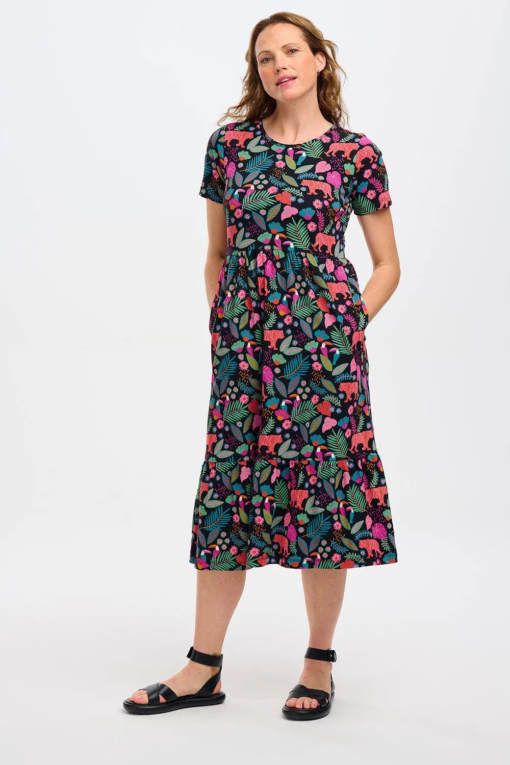 Vestido Sugarhill Unna Midi de Punto Smock Black Tigers & Toucans - ECRU