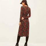 Vestido Xantik Cuello Pico Corte Falda Brown Texture - ECRU