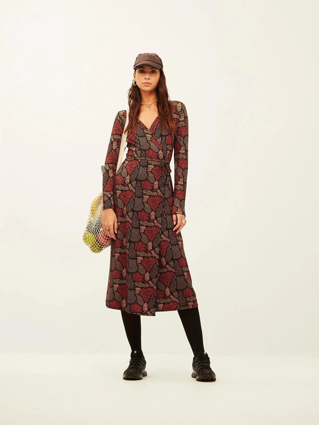 Vestido Xantik Cuello Pico Corte Falda Brown Texture - ECRU