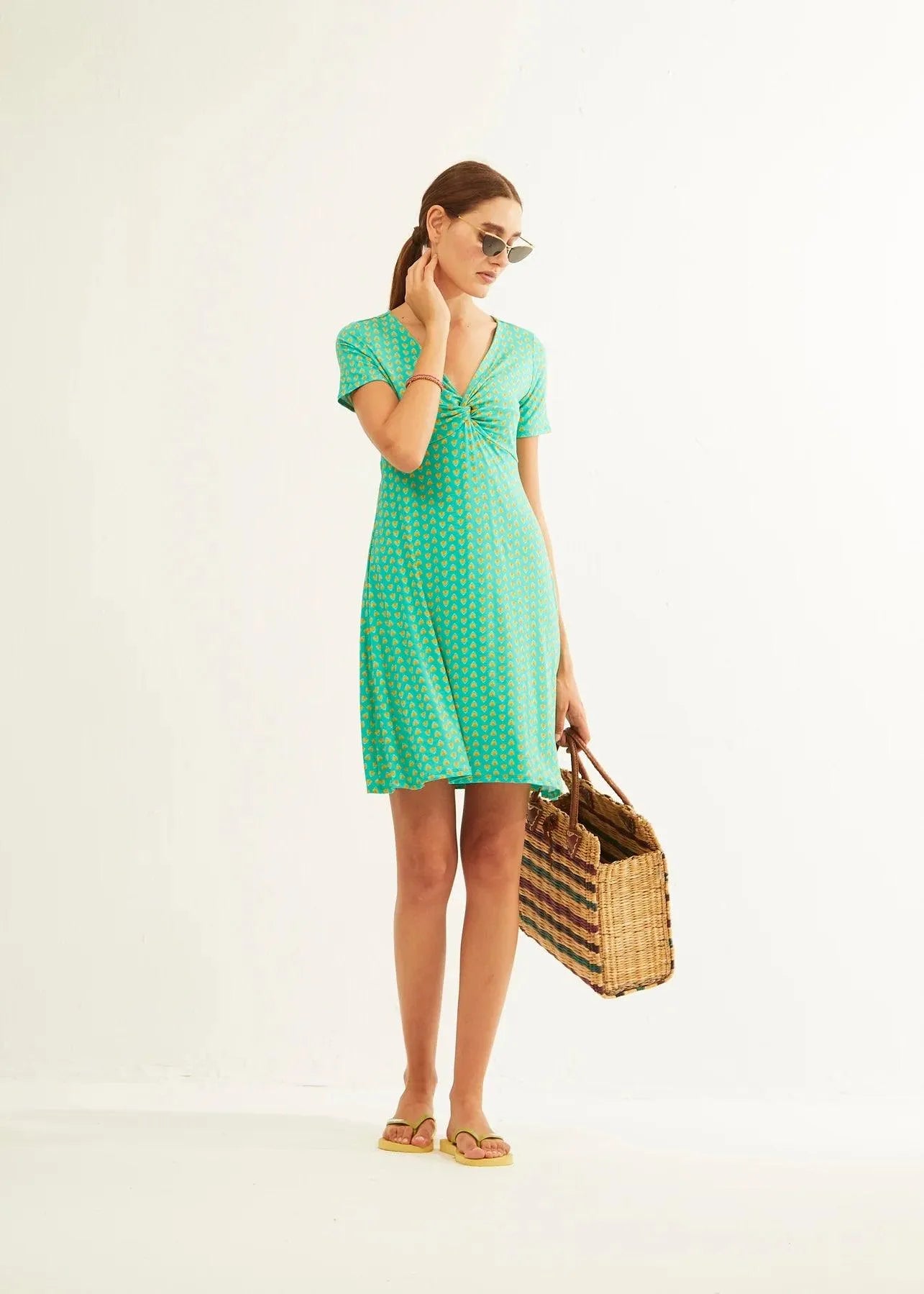 Vestido Xantik Nudo M/C Green Mustard Petals - ECRU