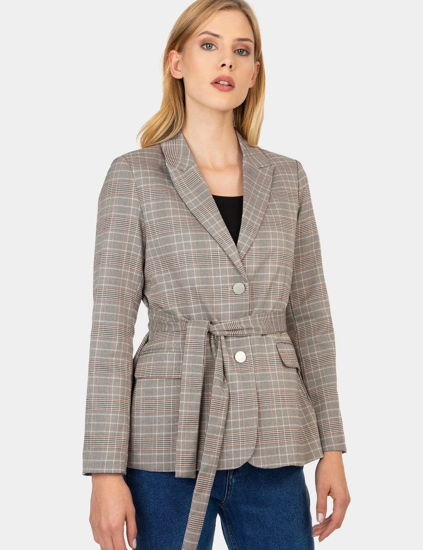 Blazer Cuadros C/ Cinturón - ECRU