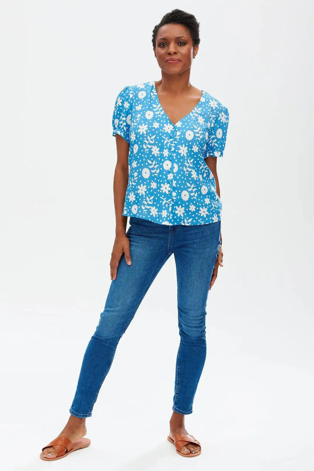 Blusa Viola Blue Vintage Block Floral - ECRU