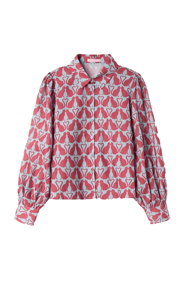 Camisa abullonada gatos - ECRU