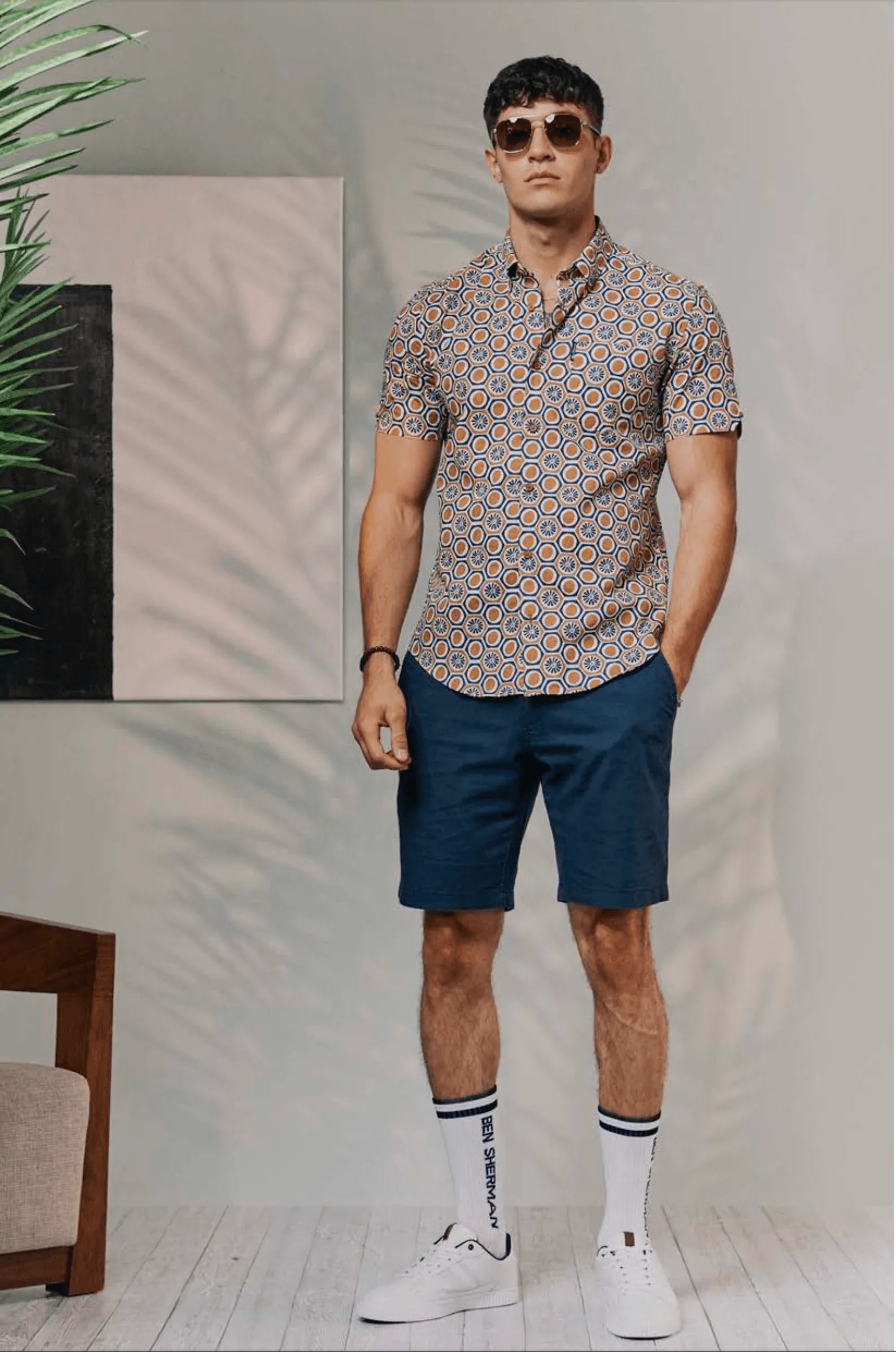 Camisa Ben Sherman Manga Corta Block Geo Print Tan - ECRU