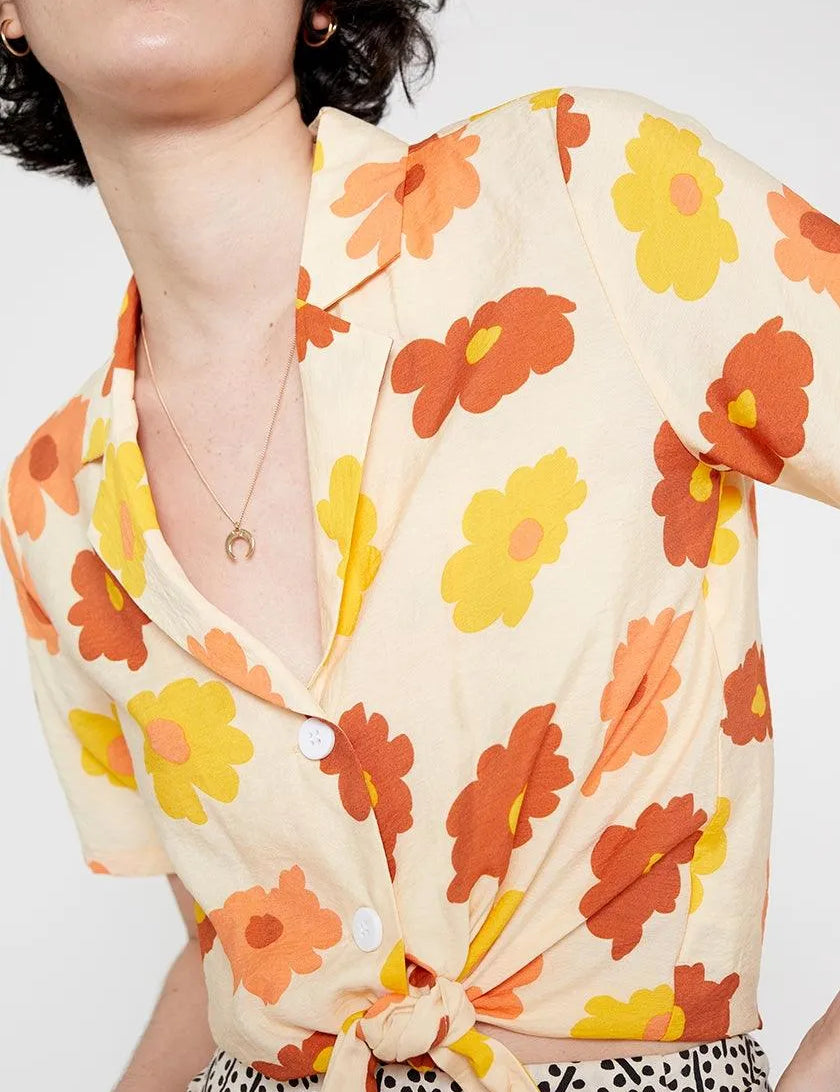 Camisa de cuello solapa con estampado de flores naranjas - ECRU