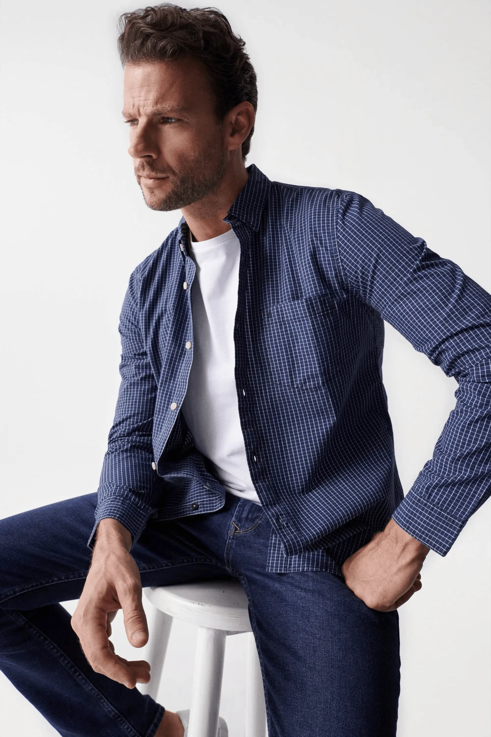 Camisa Salsa Jeans de Hombre Manga Larga de Cuadros Azul - ECRU