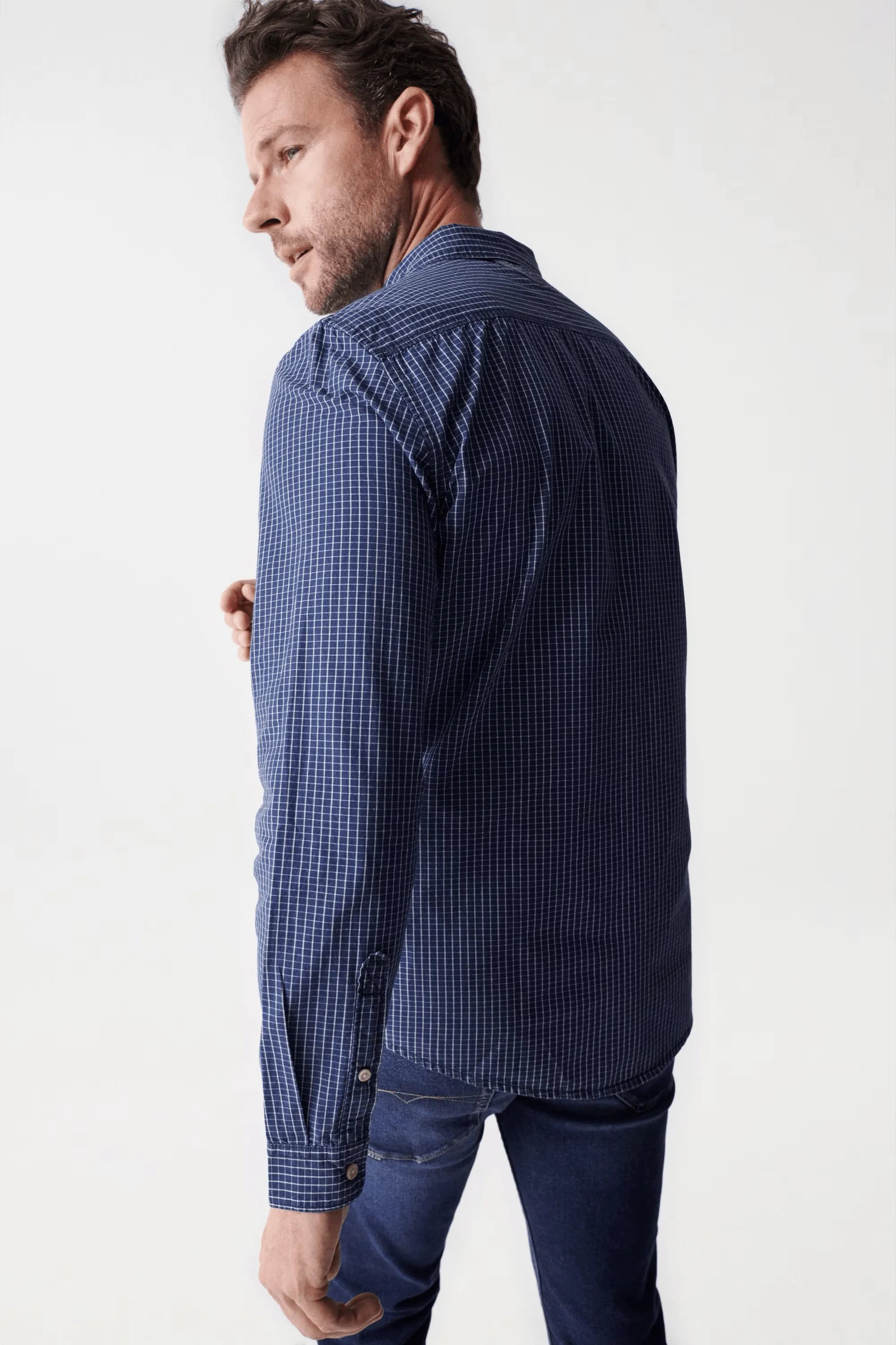 Camisa Salsa Jeans de Hombre Manga Larga de Cuadros Azul - ECRU