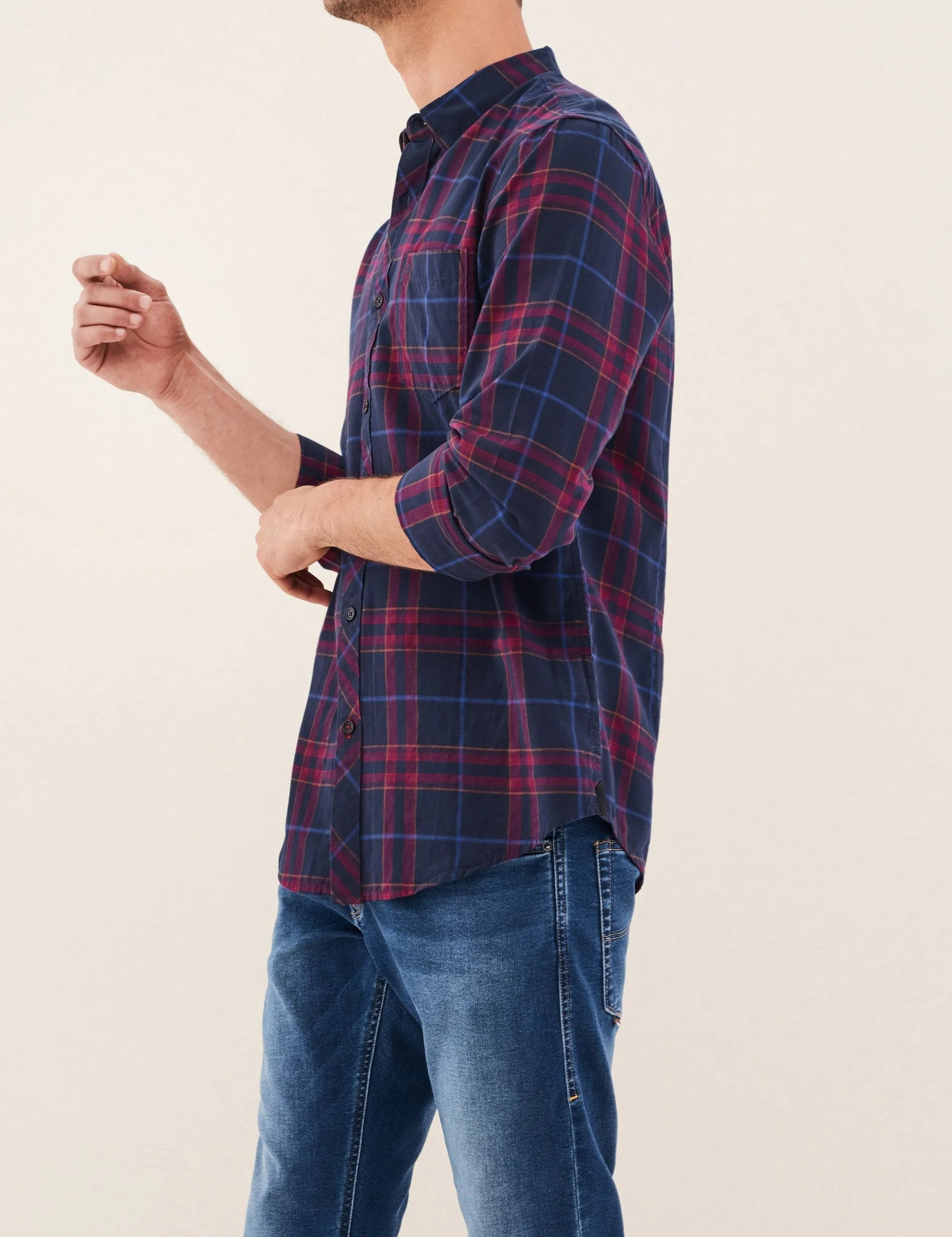 CAMISA SLIM FIT EFECTO AJEDREZ - ECRU