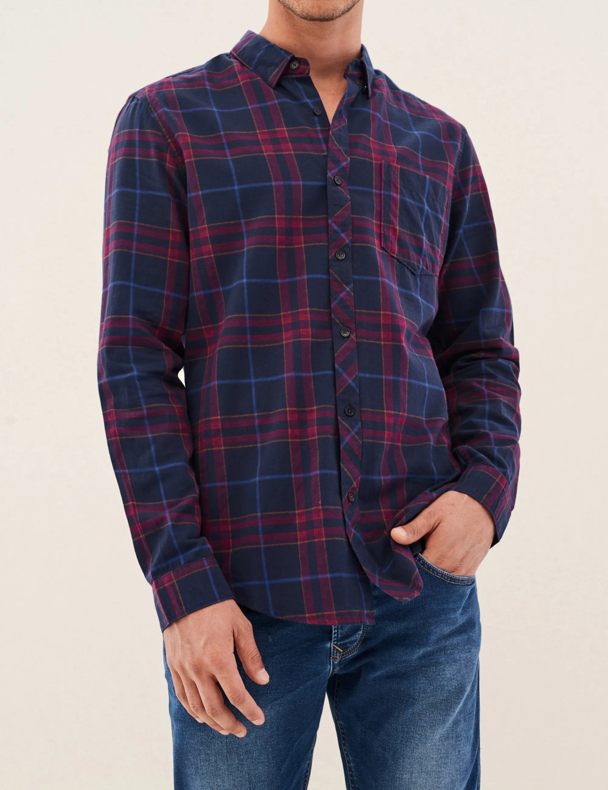 CAMISA SLIM FIT EFECTO AJEDREZ - ECRU