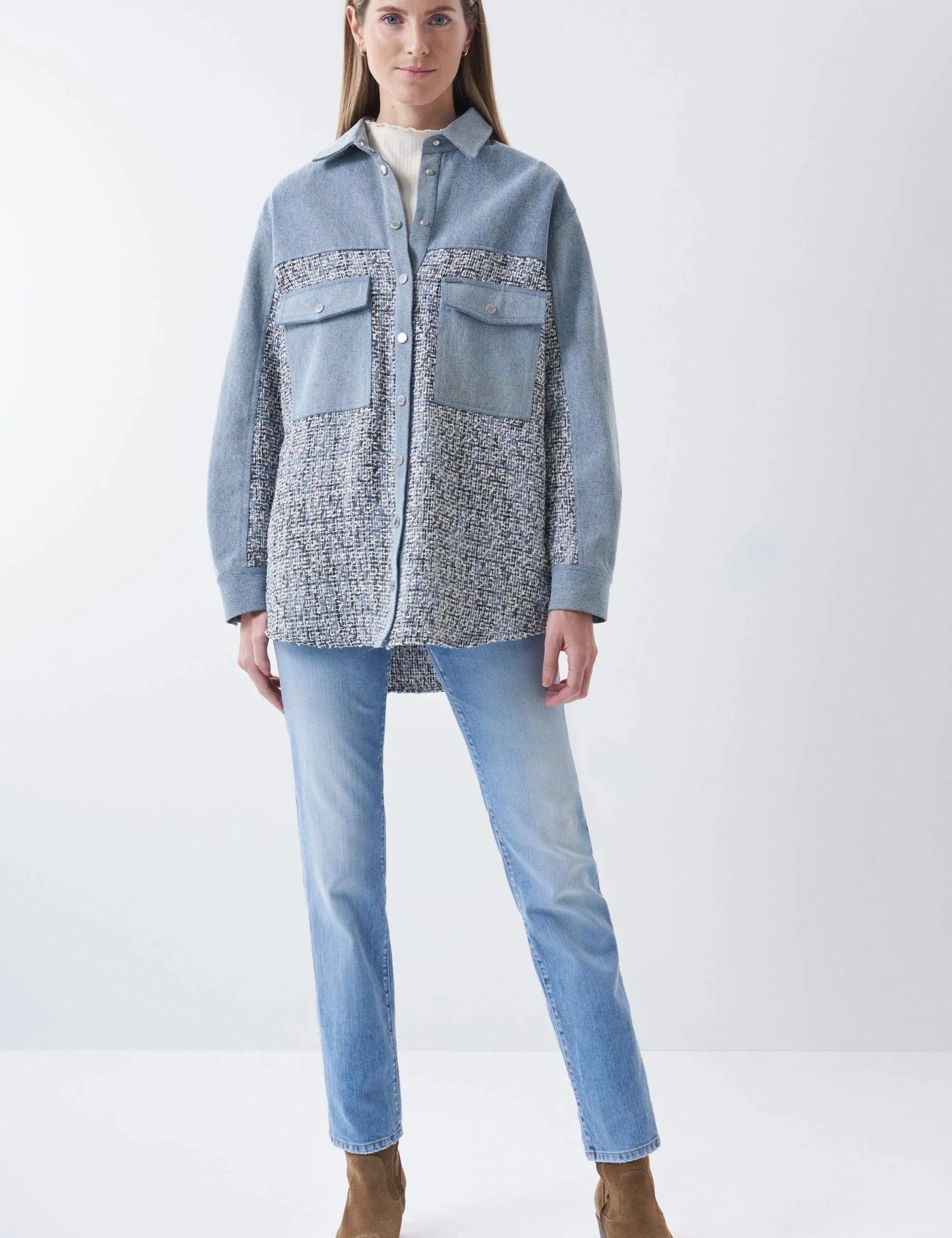 Camisa vaquera con mezcla de tweed - ECRU
