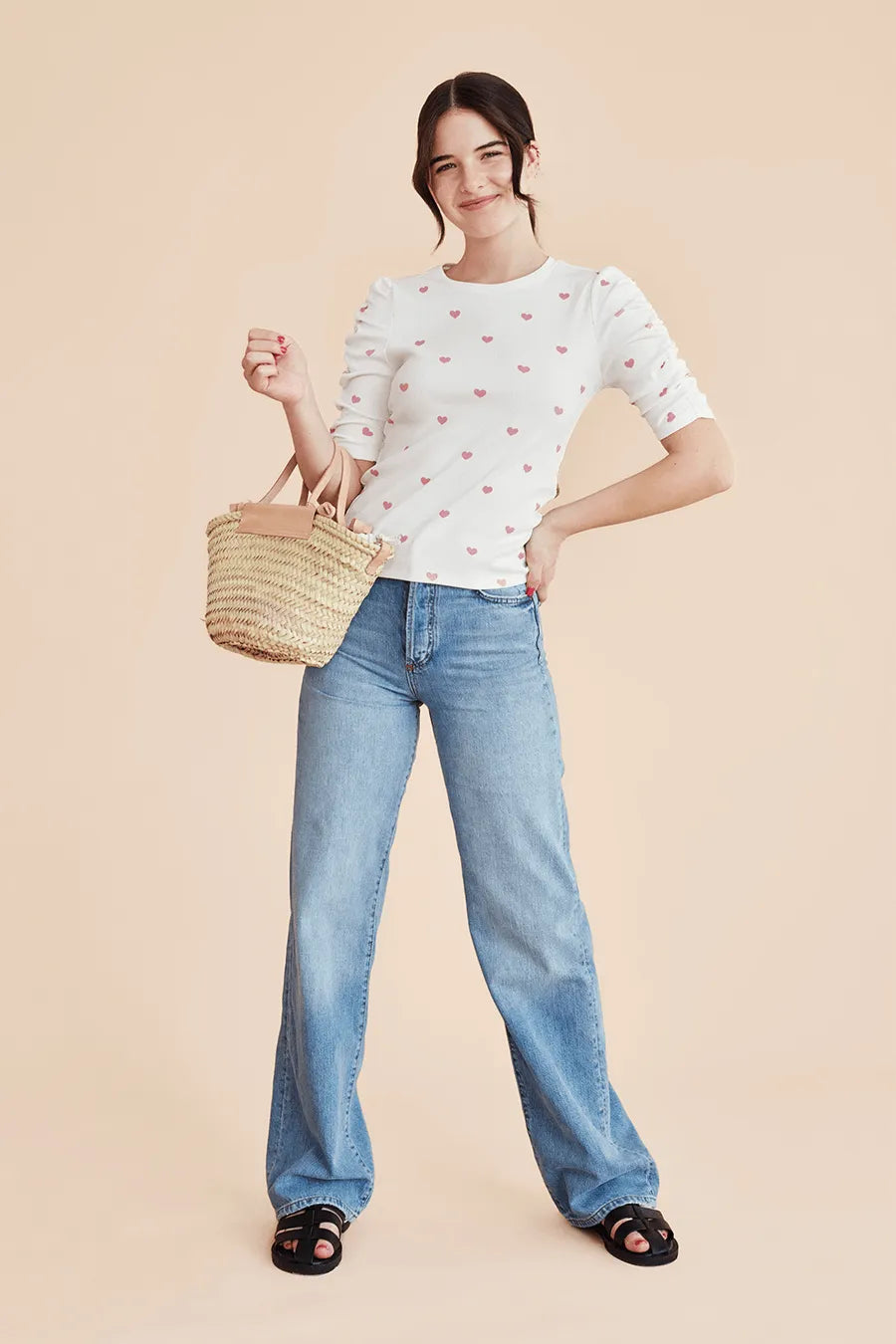 Camiseta Abullonada Corazones - ECRU