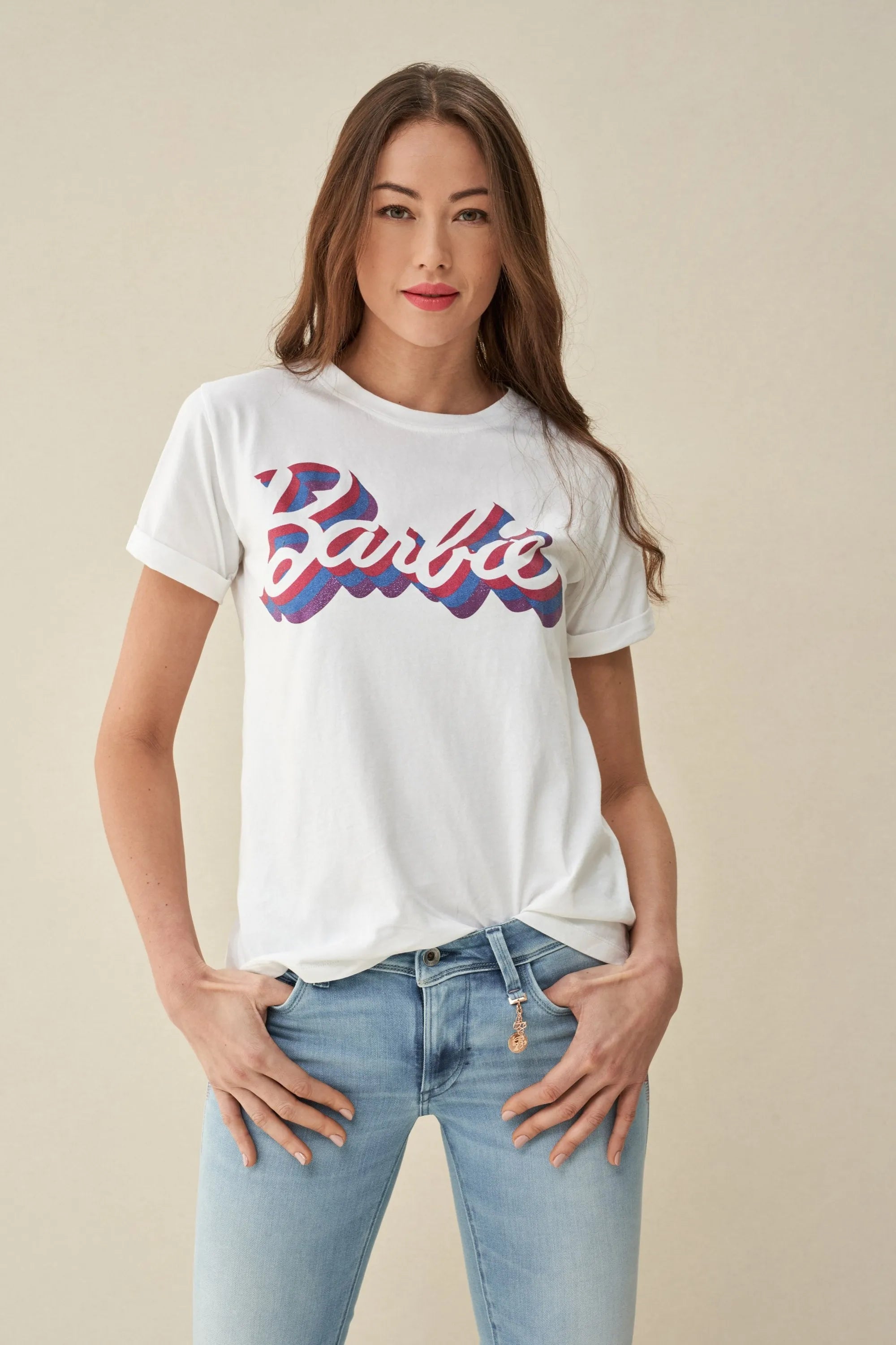 CAMISETA BARBIE CON LOGO Y BRILLANTINA - ECRU