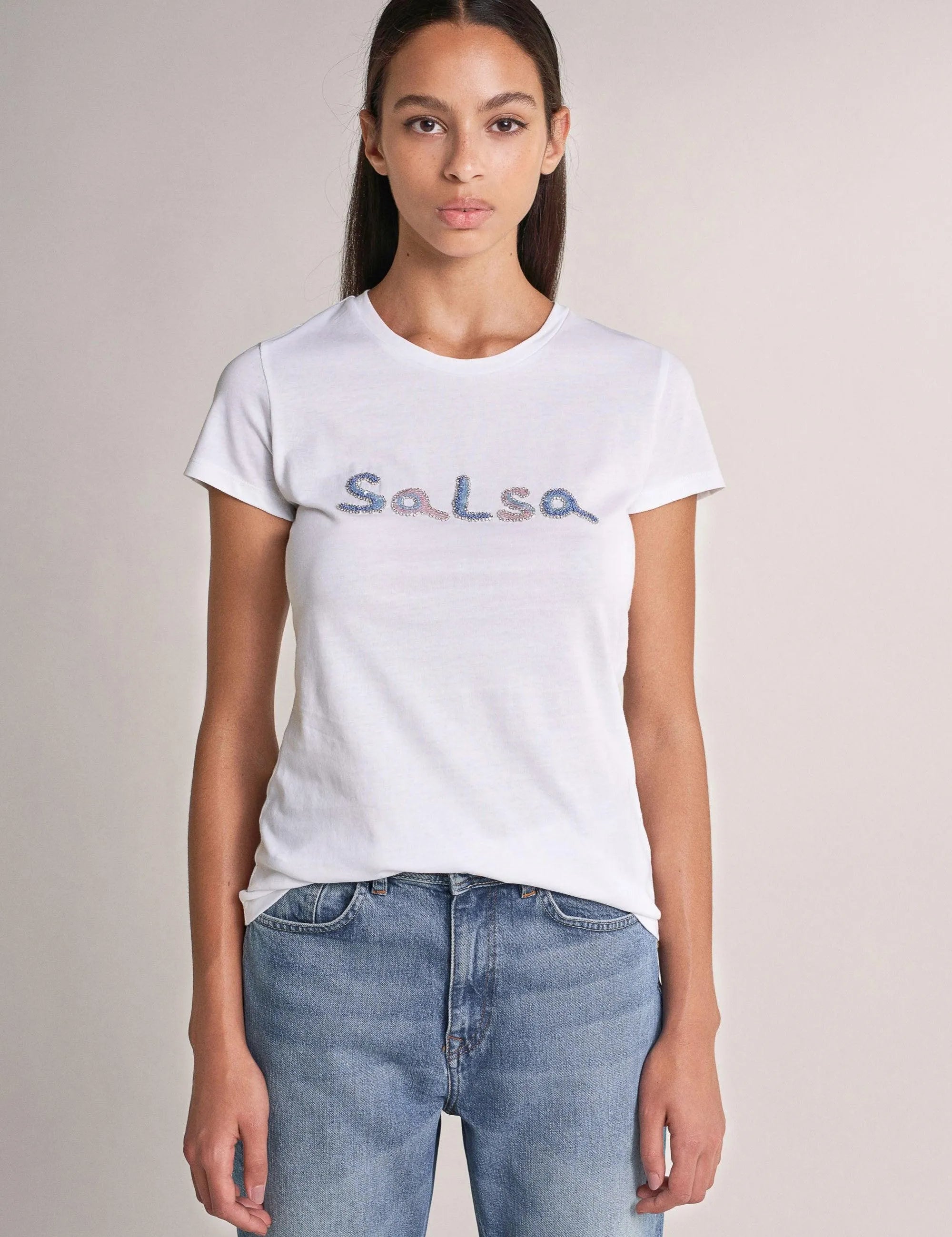 Camiseta Branding con Cuentas - ECRU