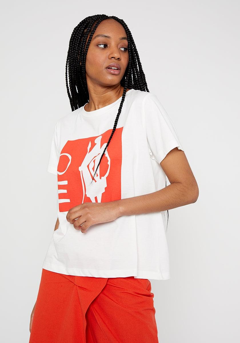 Camiseta de algodón con gráfica inspiración africana rojo - ECRU